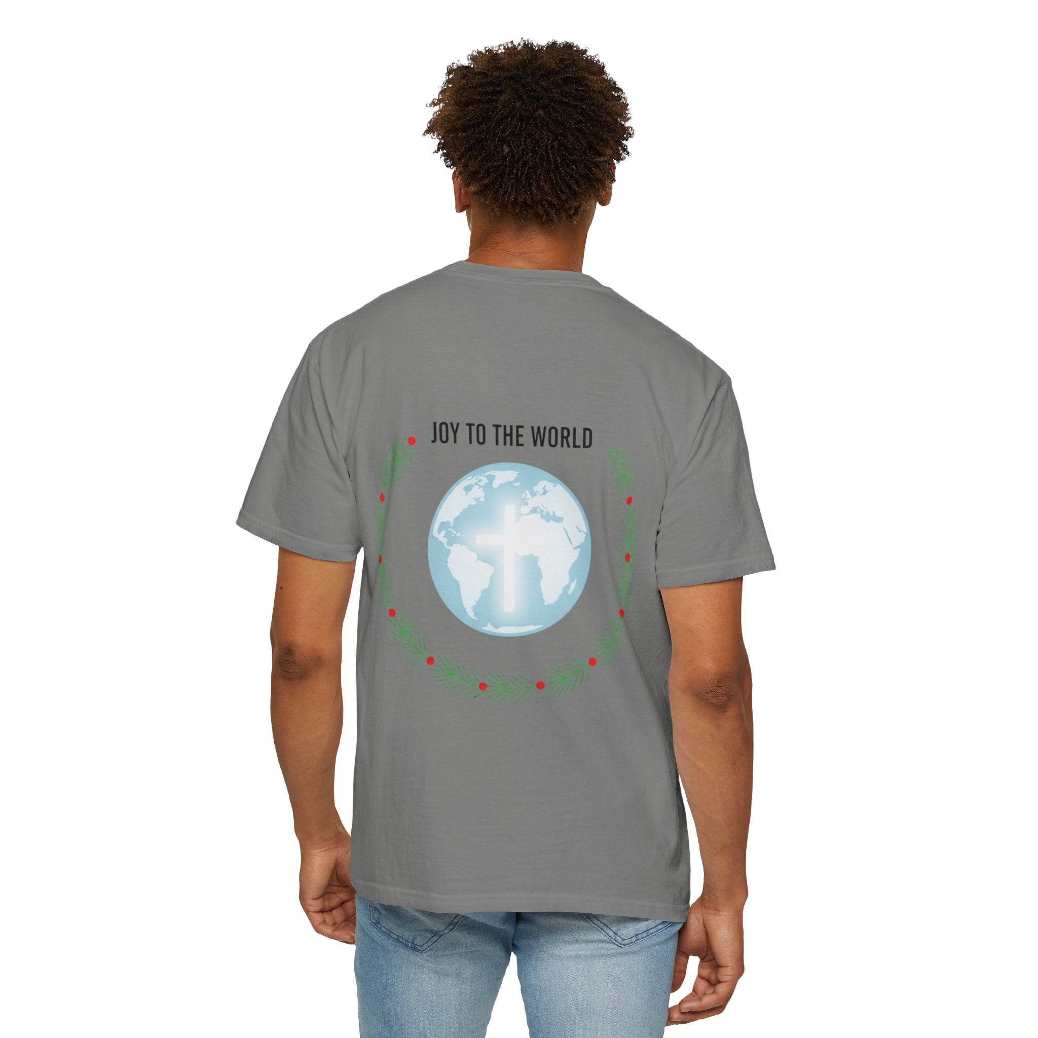 Joy to the World T-shirt – Wreath Earth Nativity Christian Christmas T-shirt for Isaiah 9:6 Holiday Faith & Festive Joy Printify