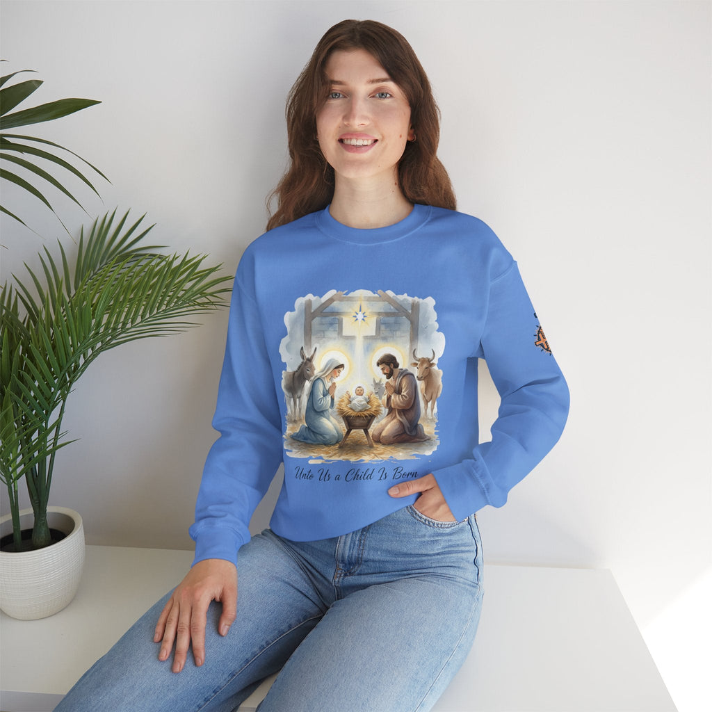 Unto Us a Child is Born Sweatshirt – Isaiah 9:6 Nativity Manger Scene Christian Christmas Sweatshirt for Holy Night Faith Printify