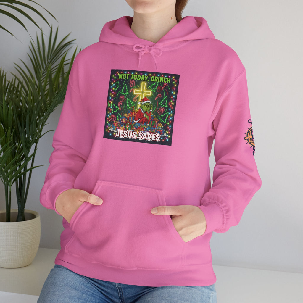 🎄 Not Today, Grinch – Jesus Saves | Funny Christian Christmas Hoodie | Festive Green & Red Cartoon Style | Bold Faith Holiday Tee by Uplifted Gear Printify