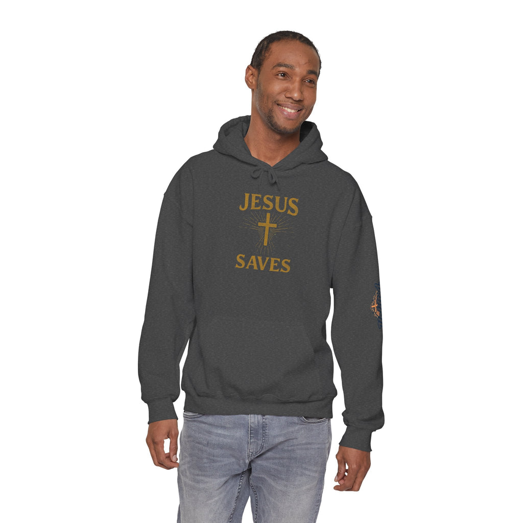 Jesus Saves Hoodie – Radiant Cross & Rays of Light Christian Sweatshirt for Eternal Hope & Faith Printify