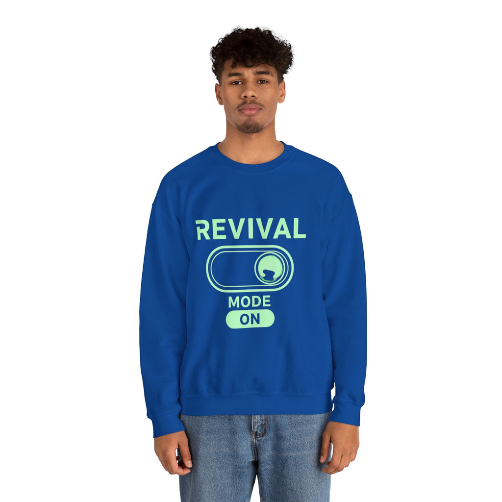 🔥 Revival Mode: ON – Christian Techwear Sweatshirt | Glowing Green Faith Switch | Futuristic Jesus Shirt | Activate Your Spiritual Awakening | Uplifted Gear Printify