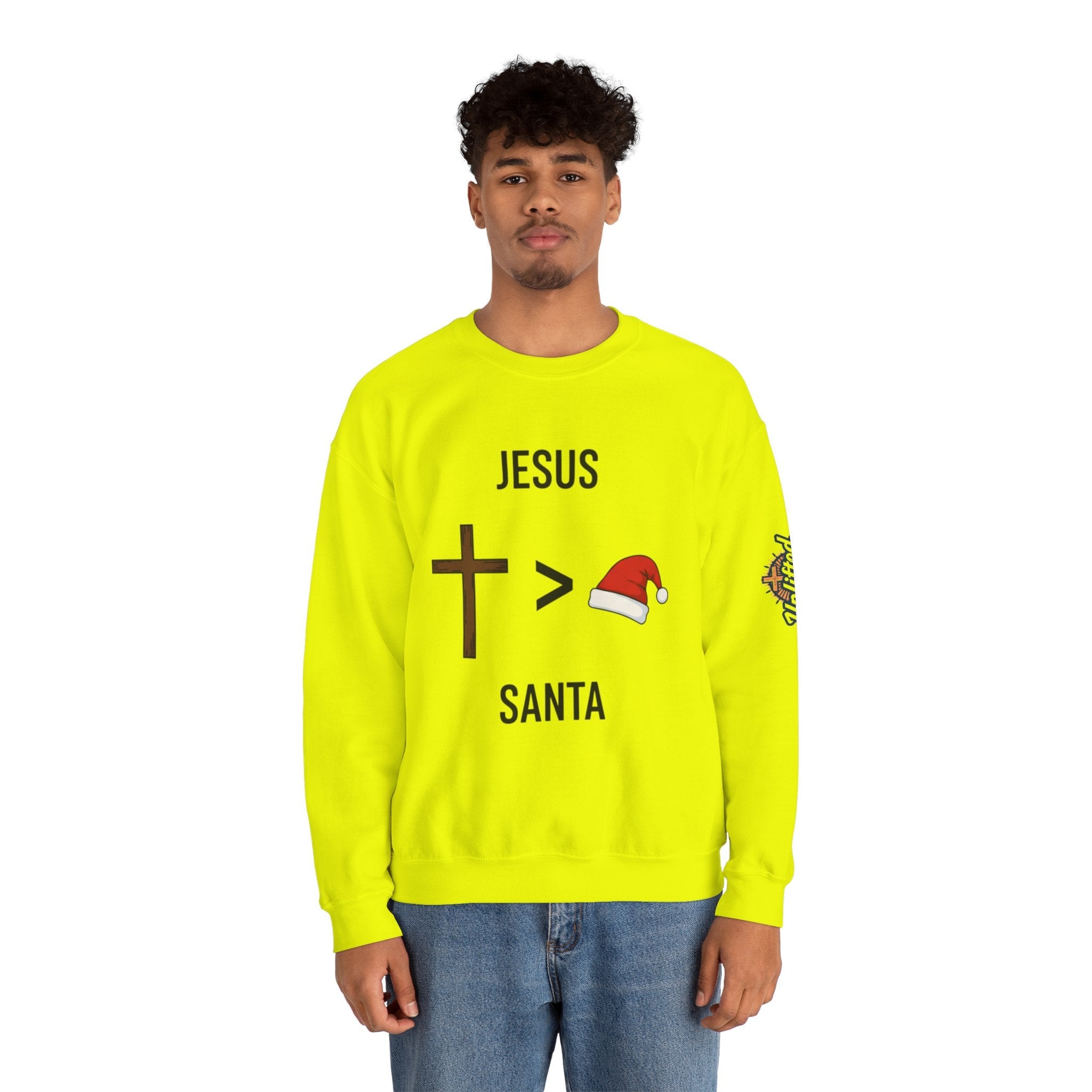 🎄 Jesus > Santa – Minimalist Christian Christmas Sweatshirt | Bold Faith Over Holiday Tee | Cross vs Santa Hat Design | Uplifted Gear Printify
