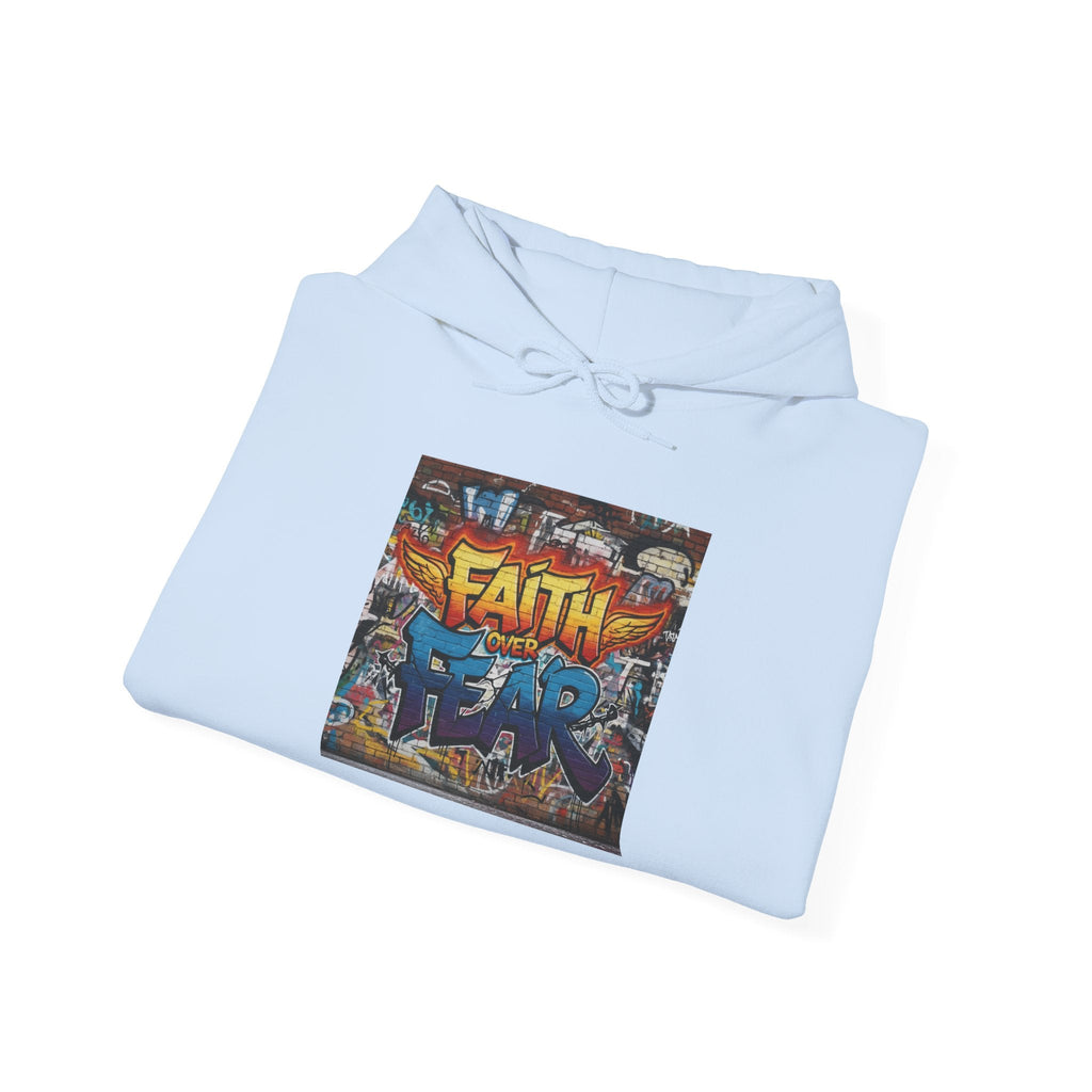 Faith Over Fear Hoodie – Graffiti Wall Christian Sweatshirt for Bold 2 Corinthians 5:7 Streetwear & Unshakable Faith Printify