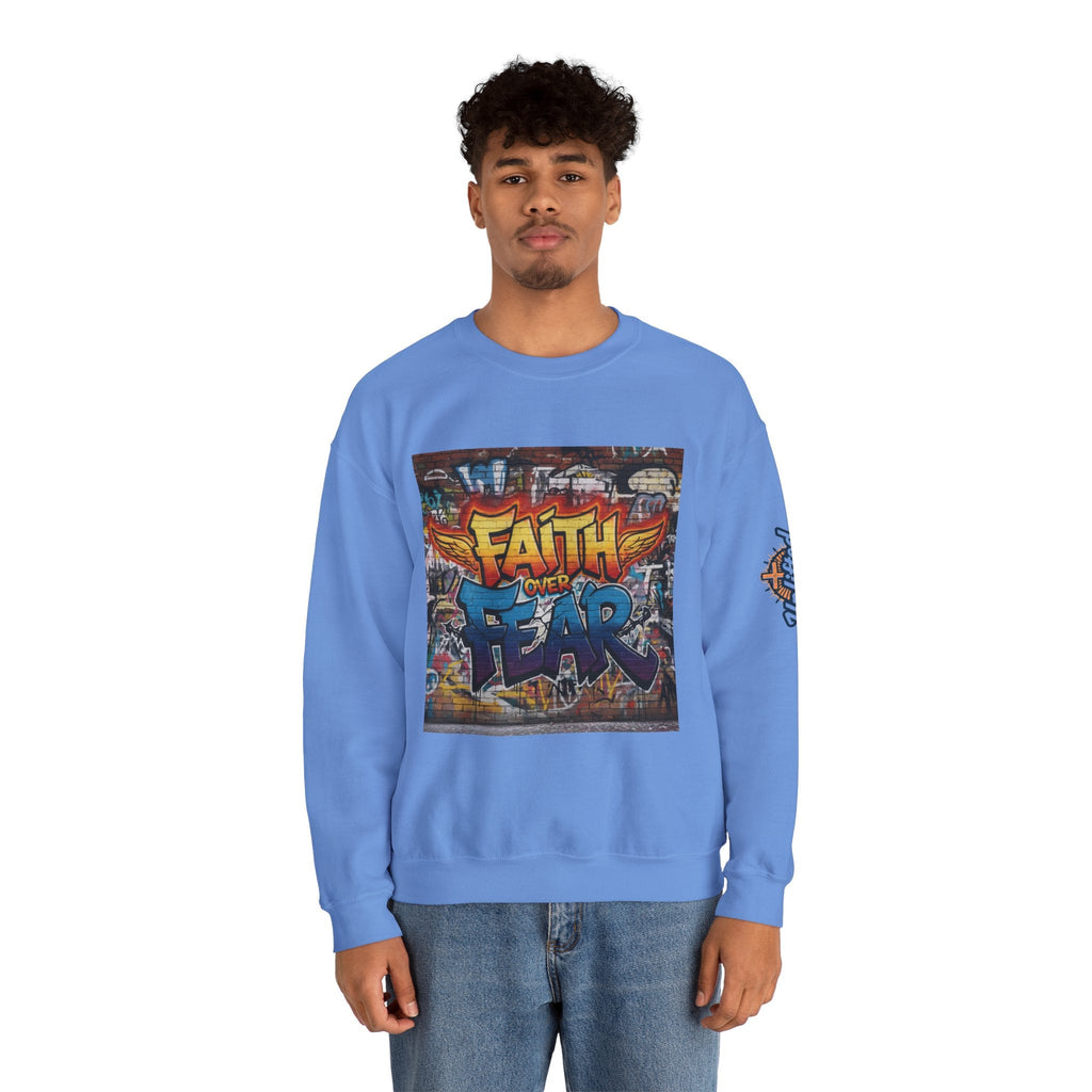 Faith Over Fear Sweatshirt – Graffiti Wall Christian Sweatshirt for Bold 2 Corinthians 5:7 Streetwear & Unshakable Faith Printify