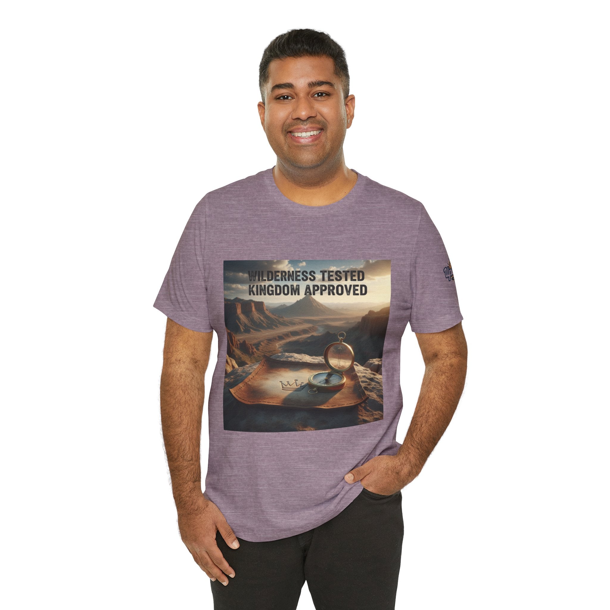 Wilderness Tested Kingdom Approved T-shirt – Mountain Desert Compass Crown Christian T-shirt for Biblical Adventure Faith Printify