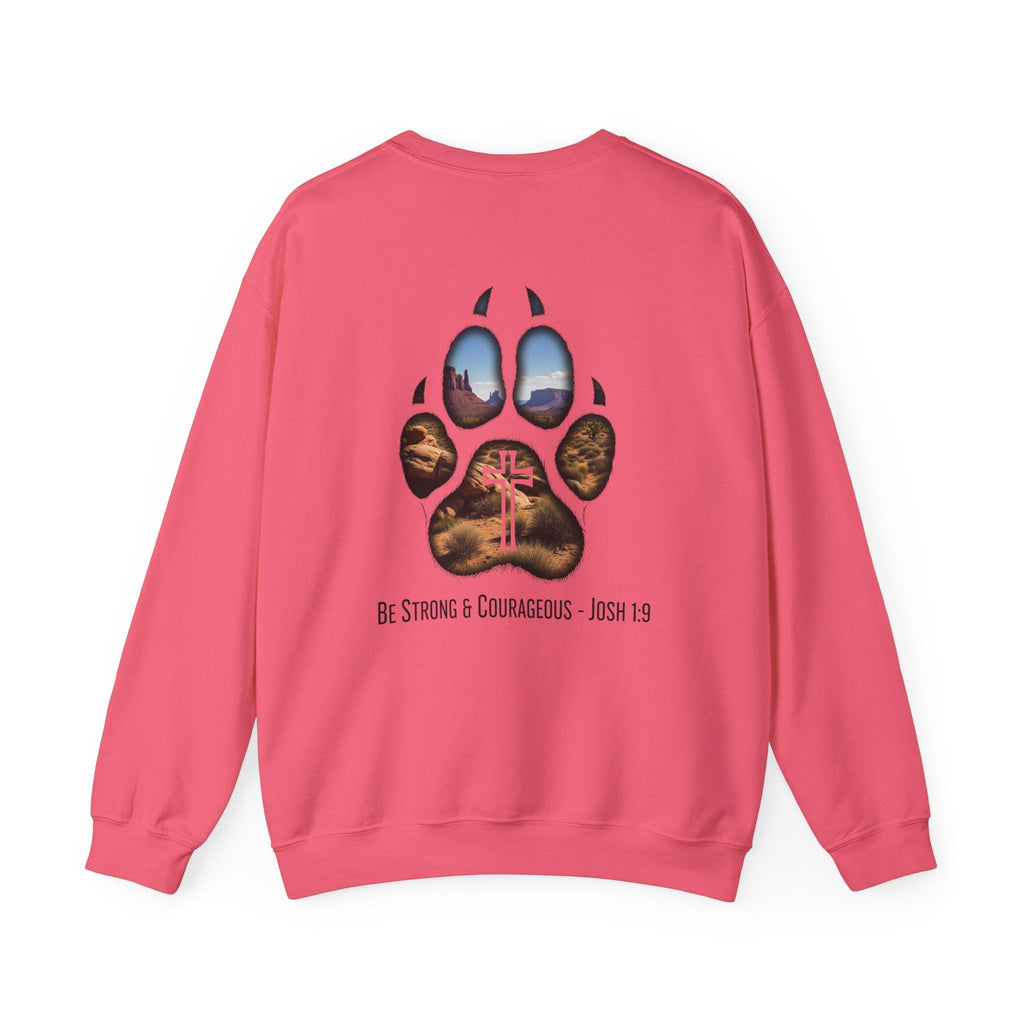 Strong and Courageous Sweatshirt – Joshua 1:9 Canine Pawprint Desert Christian Sweatshirt for Dog Lovers Printify