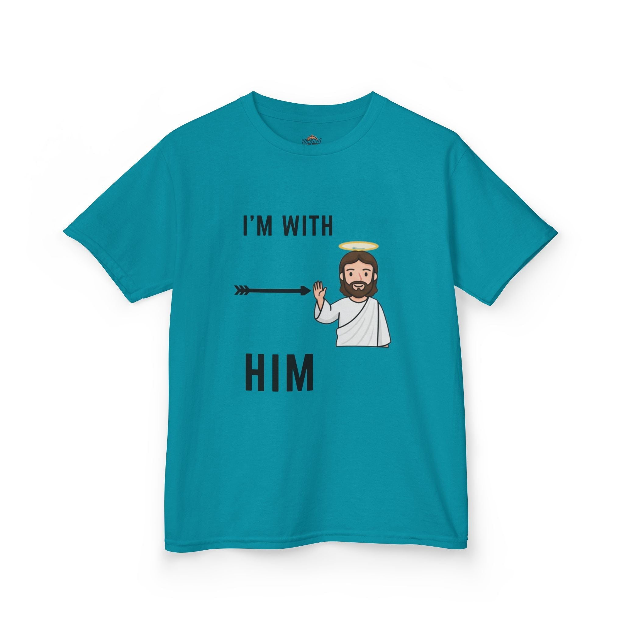 🔥 I’m With Him → Christian Kids T-Shirt | Arrow Pointing to Jesus | Minimalist Faith Tee | Subtle Cross Design | Bible-Inspired Apparel by Uplifted Gear Printify