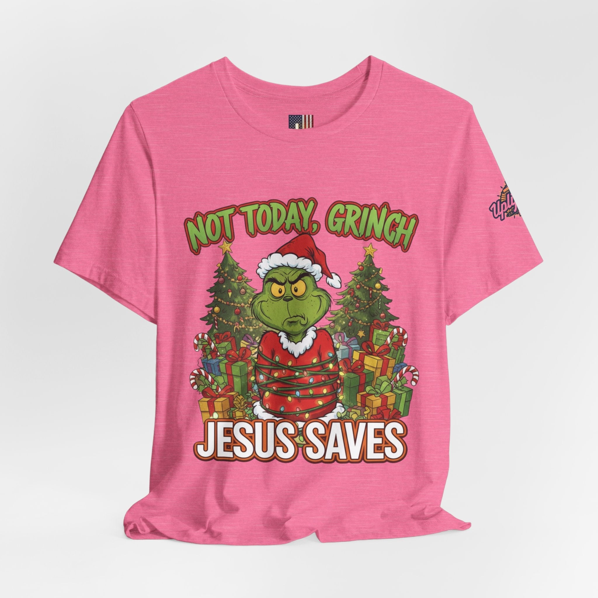 🎄 Not Today, Grinch – Jesus Saves | Funny Christian Christmas T-Shirt | Sulking Grinch & Glowing Cross | Bold Neon Faith Tee by Uplifted Gear Printify
