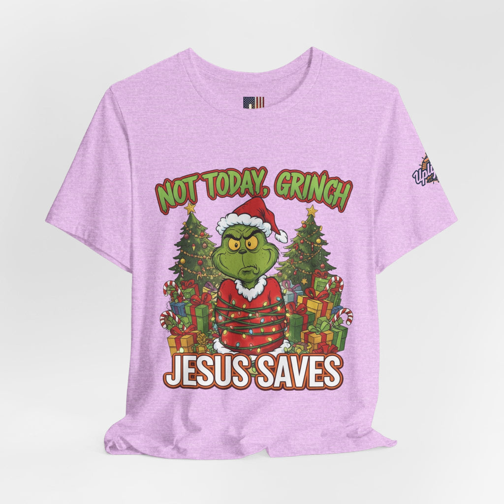 🎄 Not Today, Grinch – Jesus Saves | Funny Christian Christmas T-Shirt | Sulking Grinch & Glowing Cross | Bold Neon Faith Tee by Uplifted Gear Printify