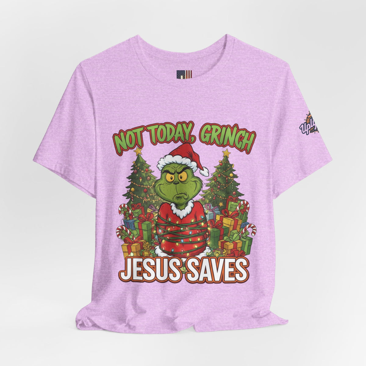 🎄 Not Today, Grinch – Jesus Saves | Funny Christian Christmas T-Shirt | Sulking Grinch & Glowing Cross | Bold Neon Faith Tee by Uplifted Gear Printify