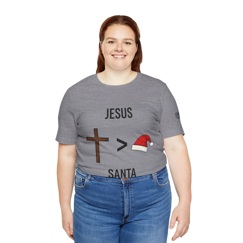 🎄 Jesus > Santa – Minimalist Christian Christmas T-Shirt | Bold Faith Over Holiday Tee | Cross vs Santa Hat Design | Uplifted Gear Printify