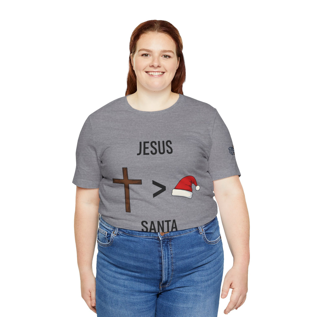 🎄 Jesus > Santa – Minimalist Christian Christmas T-Shirt | Bold Faith Over Holiday Tee | Cross vs Santa Hat Design | Uplifted Gear Printify