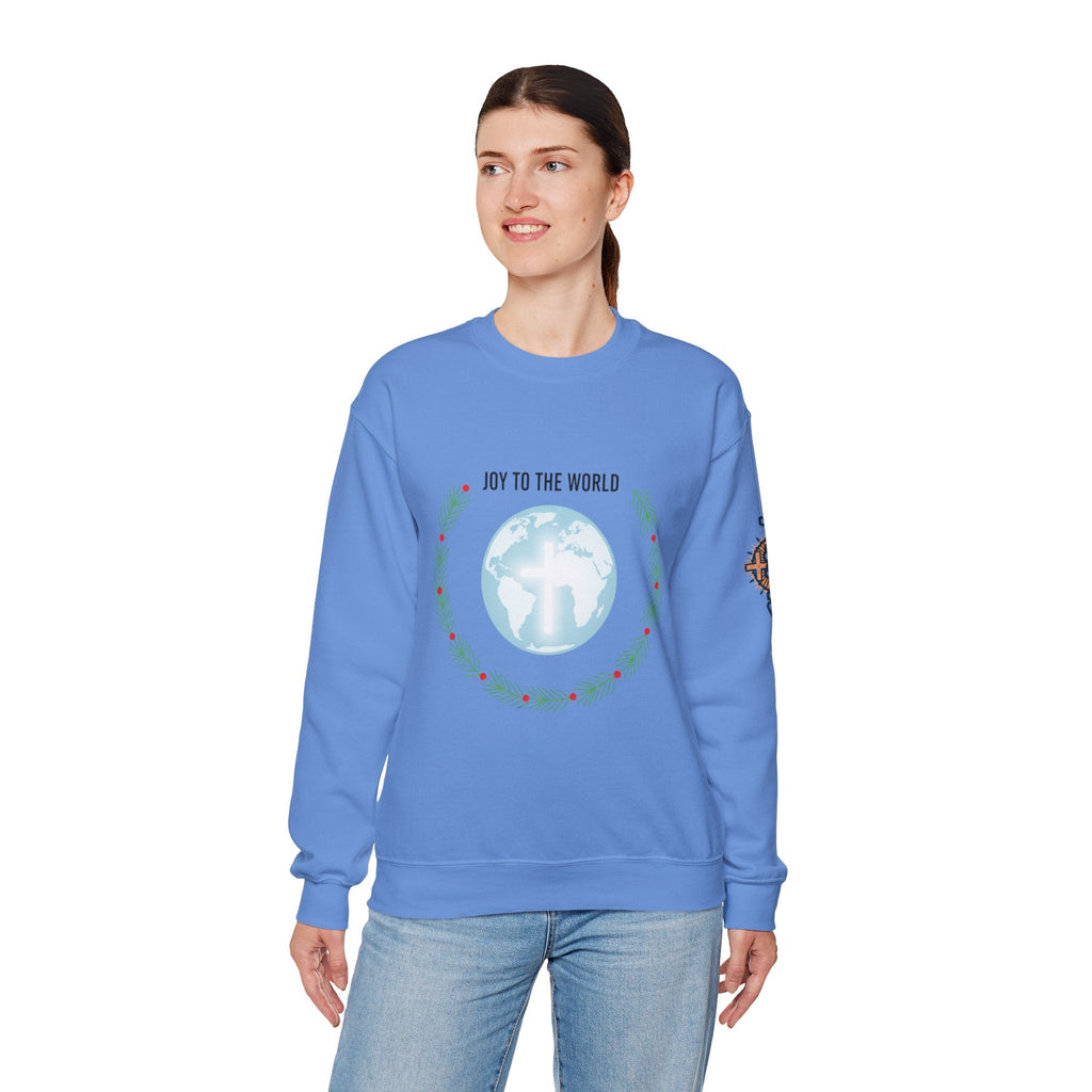 Joy to the World Sweatshirt – Wreath Earth Nativity Christian Christmas Sweatshirt for Isaiah 9:6 Holiday Faith & Festive Joy Printify