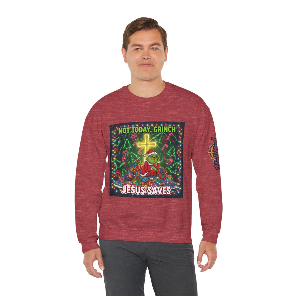 🎄 Not Today, Grinch – Jesus Saves | Funny Christian Christmas Sweatshirt | Festive Green & Red Cartoon Style | Bold Faith Holiday Tee by Uplifted Gear Printify