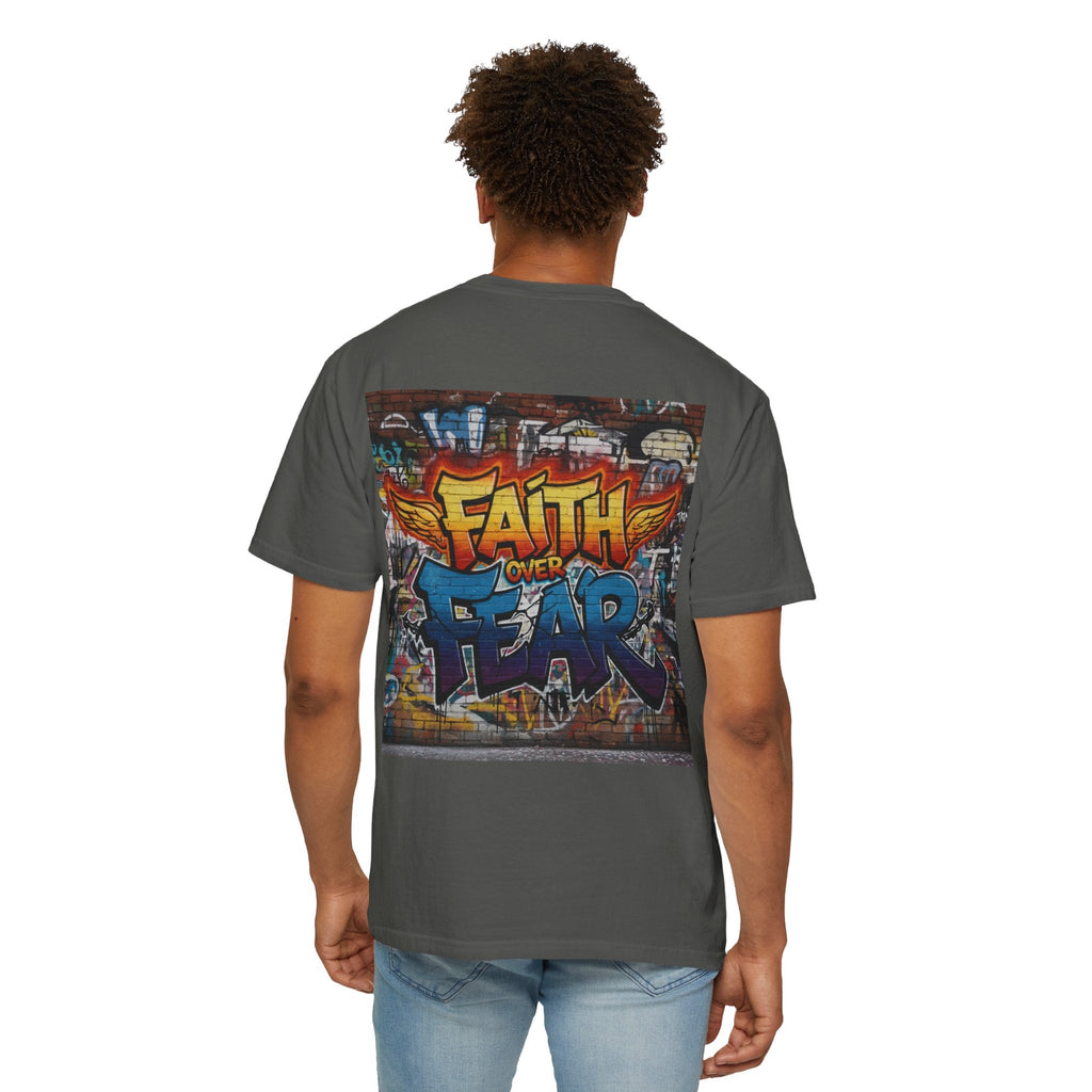 Faith Over Fear T-shirt – Graffiti Wall Christian T-shirt for Bold 2 Corinthians 5:7 Streetwear & Unshakable Faith Printify