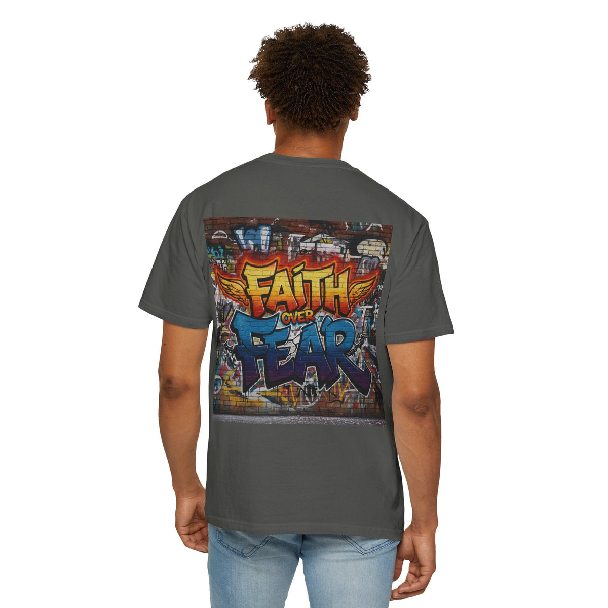 Faith Over Fear T-shirt – Graffiti Wall Christian T-shirt for Bold 2 Corinthians 5:7 Streetwear & Unshakable Faith Printify