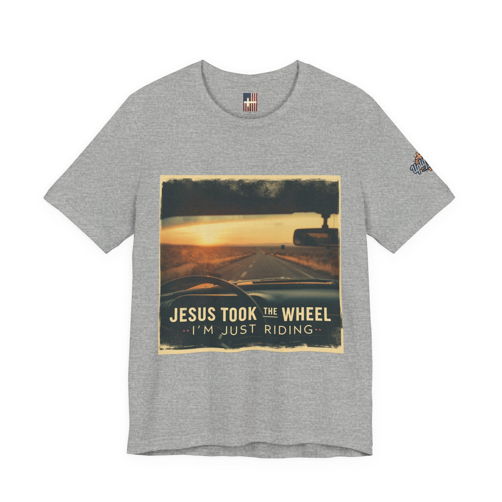 Jesus Took the Wheel I'm Just Riding T-shirt – Funny Christian Convertible Car T-shirt for Surrendered Faith & Humor Printify