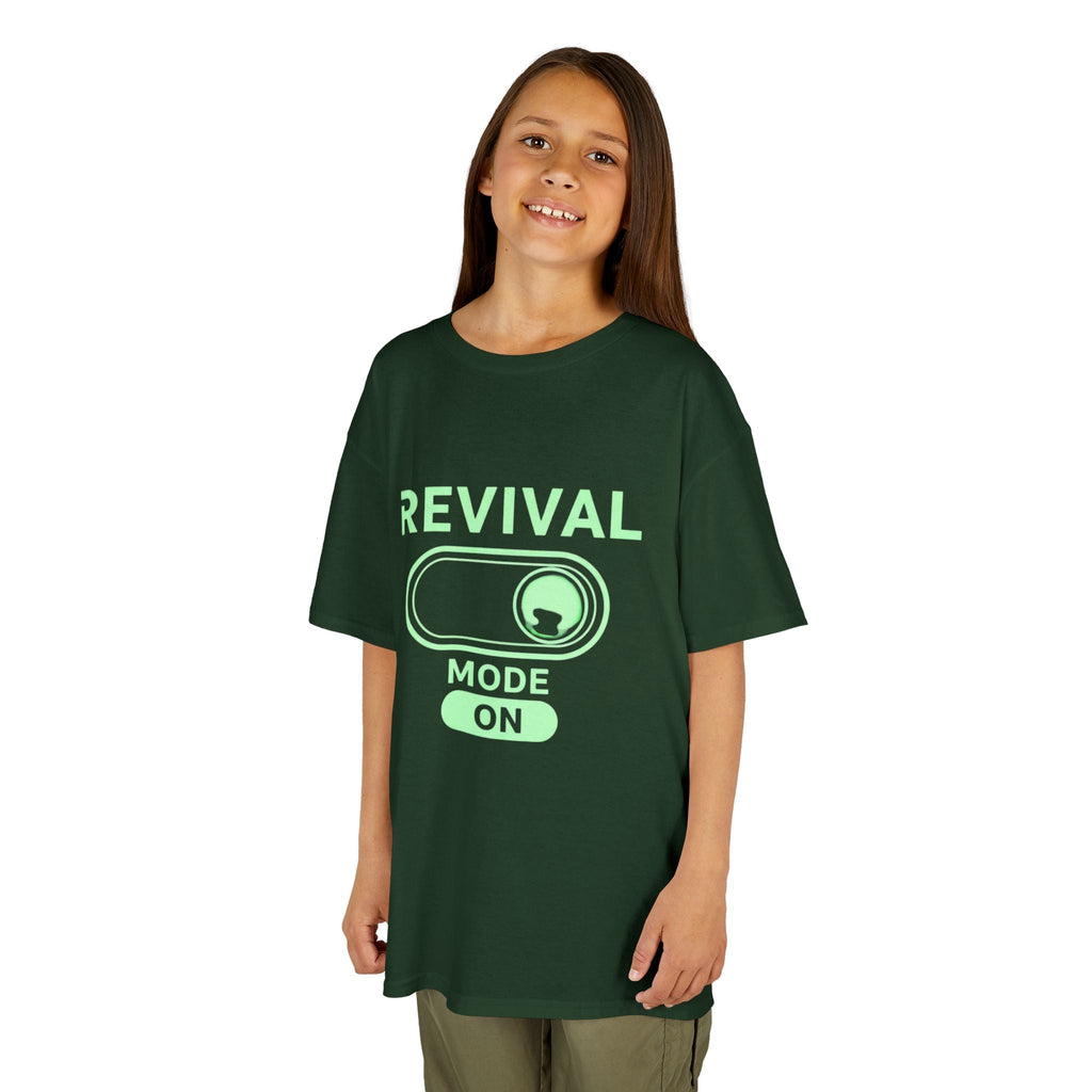 🔥 Revival Mode: ON – Christian Techwear Kids T-Shirt | Glowing Green Faith Switch | Futuristic Jesus Shirt | Activate Your Spiritual Awakening | Uplifted Gear Printify