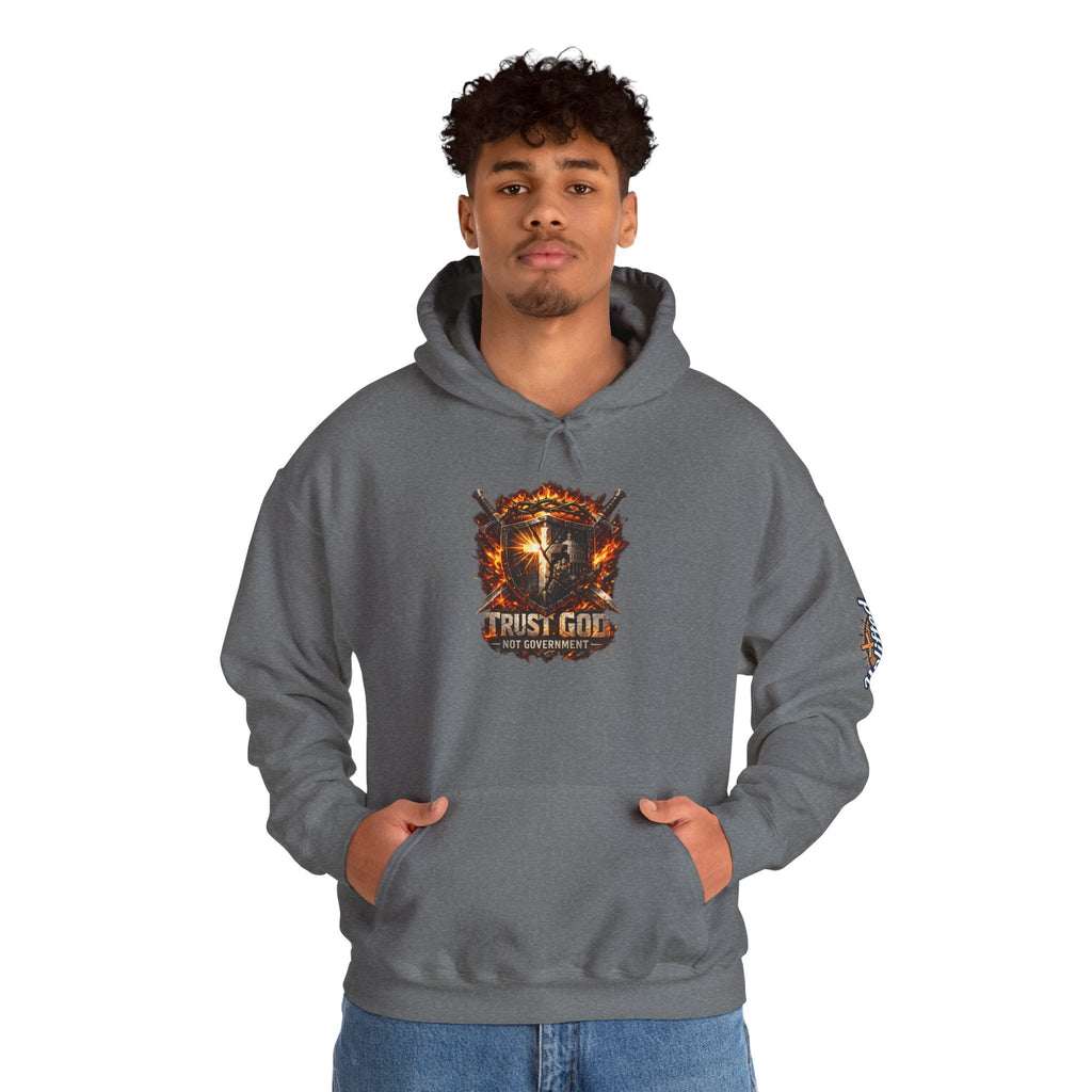Trust God Not Government Shield Hoodie — Patriotic Christian Faith Hoodie Printify