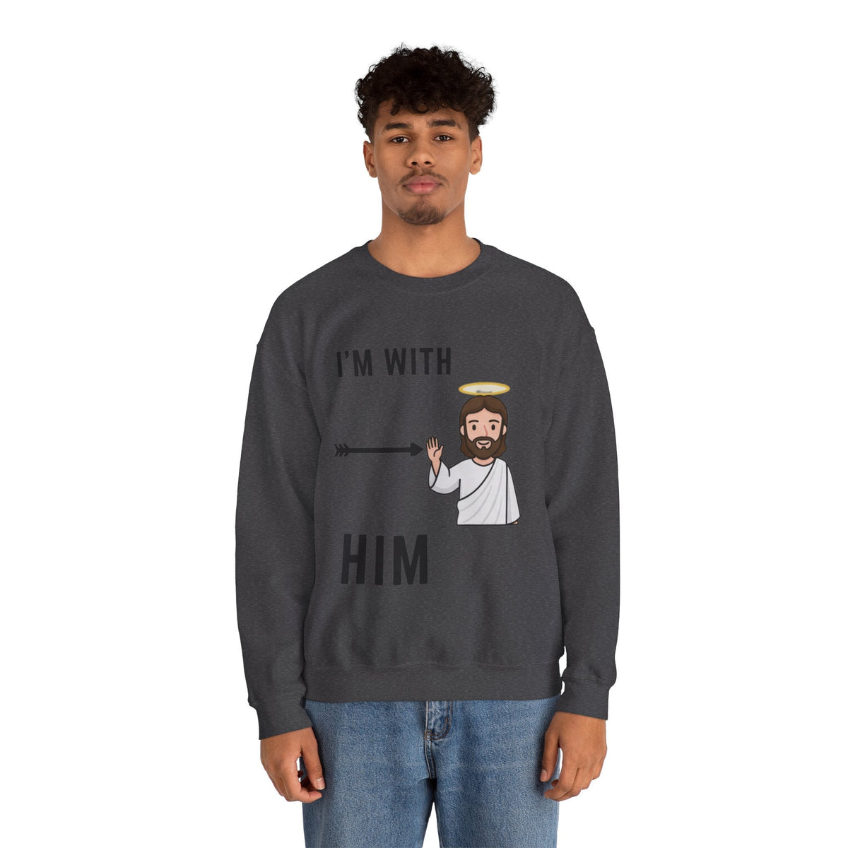 🔥 I’m With Him → Christian Sweatshirt | Arrow Pointing to Jesus | Minimalist Faith Tee | Subtle Cross Design | Bible-Inspired Apparel by Uplifted Gear Printify