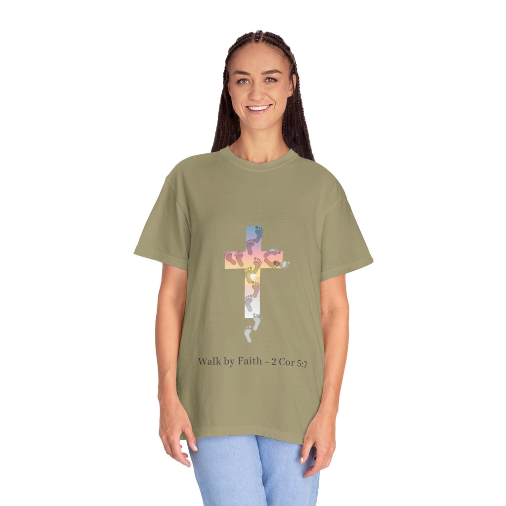 Walk by Faith T-Shirt – Cross & Footprints Christian Tee for Bold Believers Printify