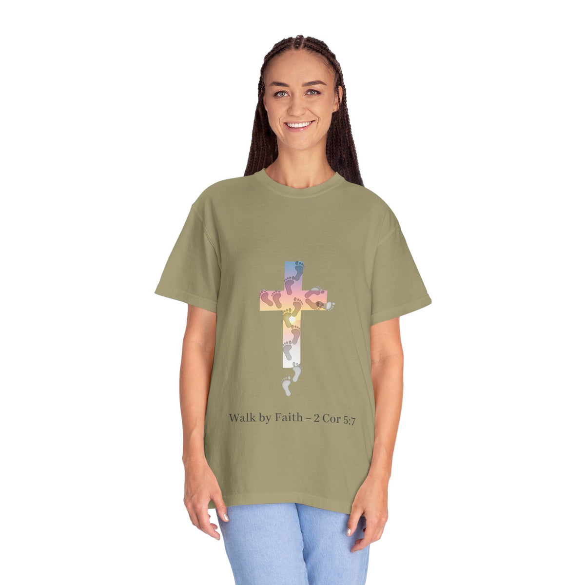 Walk by Faith T-Shirt – Cross & Footprints Christian Tee for Bold Believers Printify