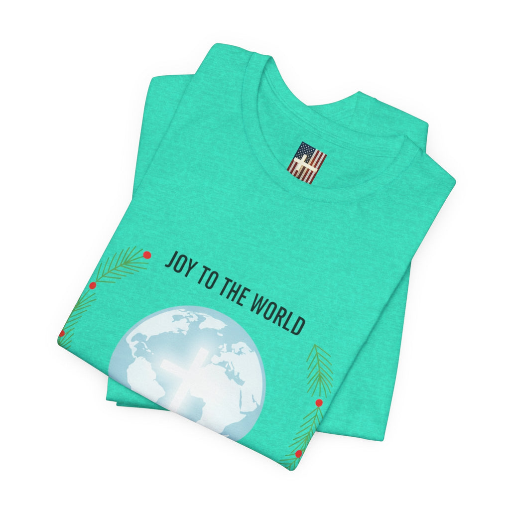 Joy to the World T-shirt – Wreath Earth Nativity Christian Christmas T-shirt for Isaiah 9:6 Holiday Faith & Festive Joy Printify