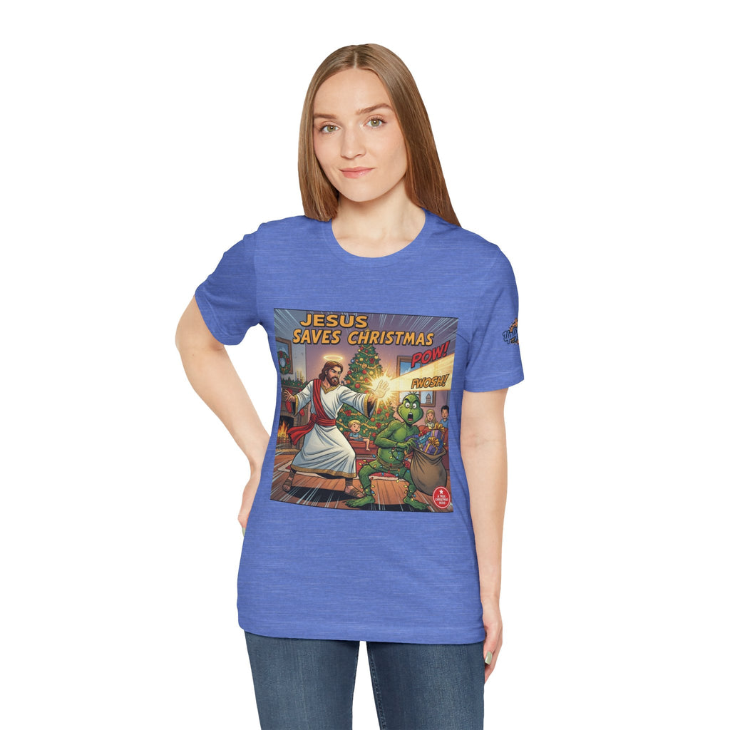 Jesus Saves Christmas T-shirt – Grinch vs Savior Light Battle Christian T-shirt for Hilarious Holiday Faith & True Joy Printify
