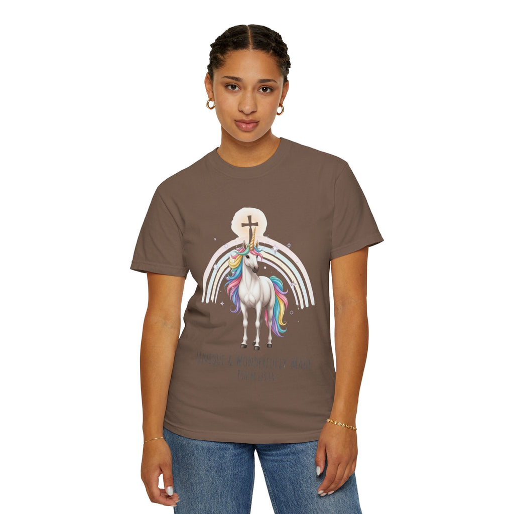 Unique Unicorn Christian T-Shirt – Wonderfully Made with Rainbow Cross & Psalm 139:14 Printify