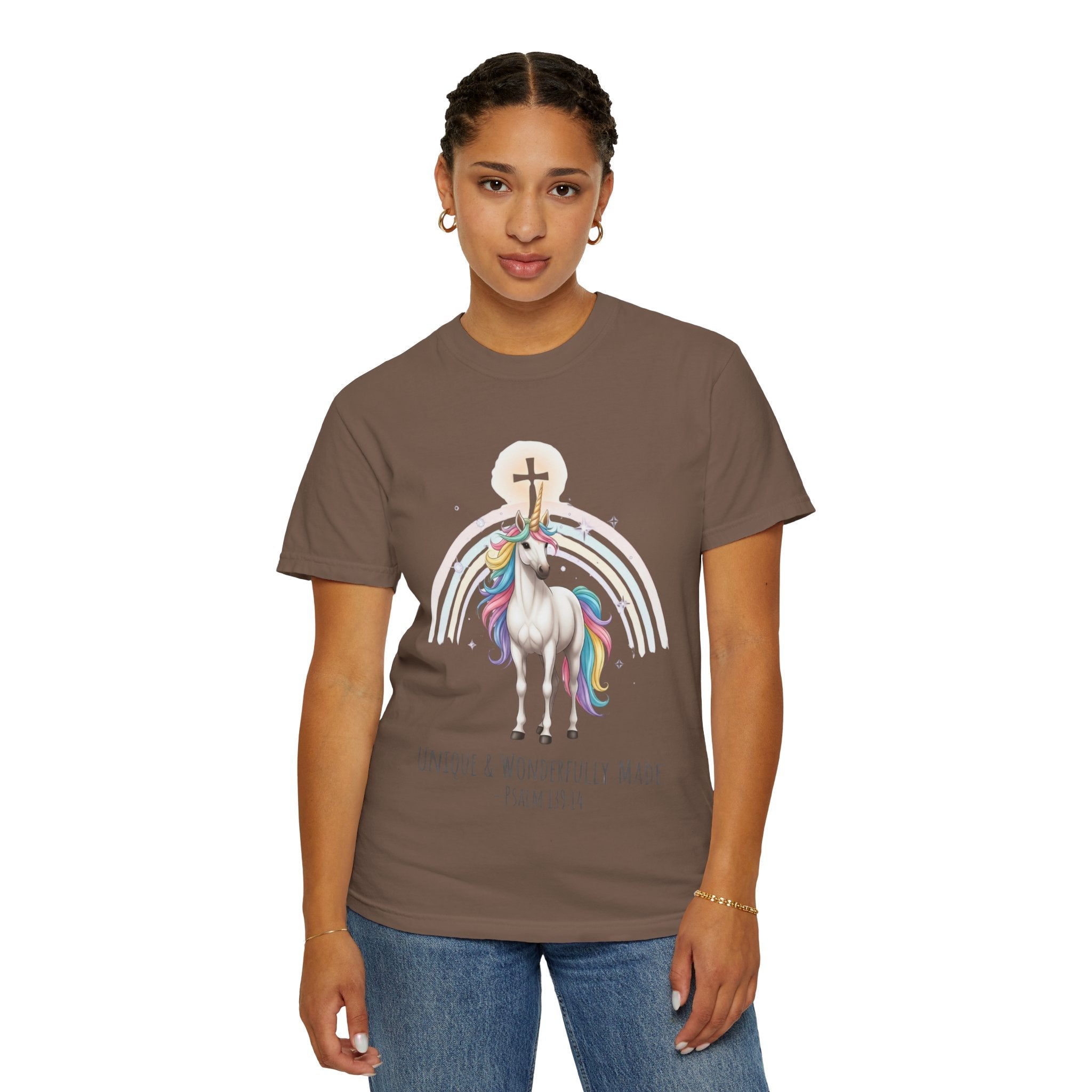 Unique Unicorn Christian T-Shirt – Wonderfully Made with Rainbow Cross & Psalm 139:14 Printify
