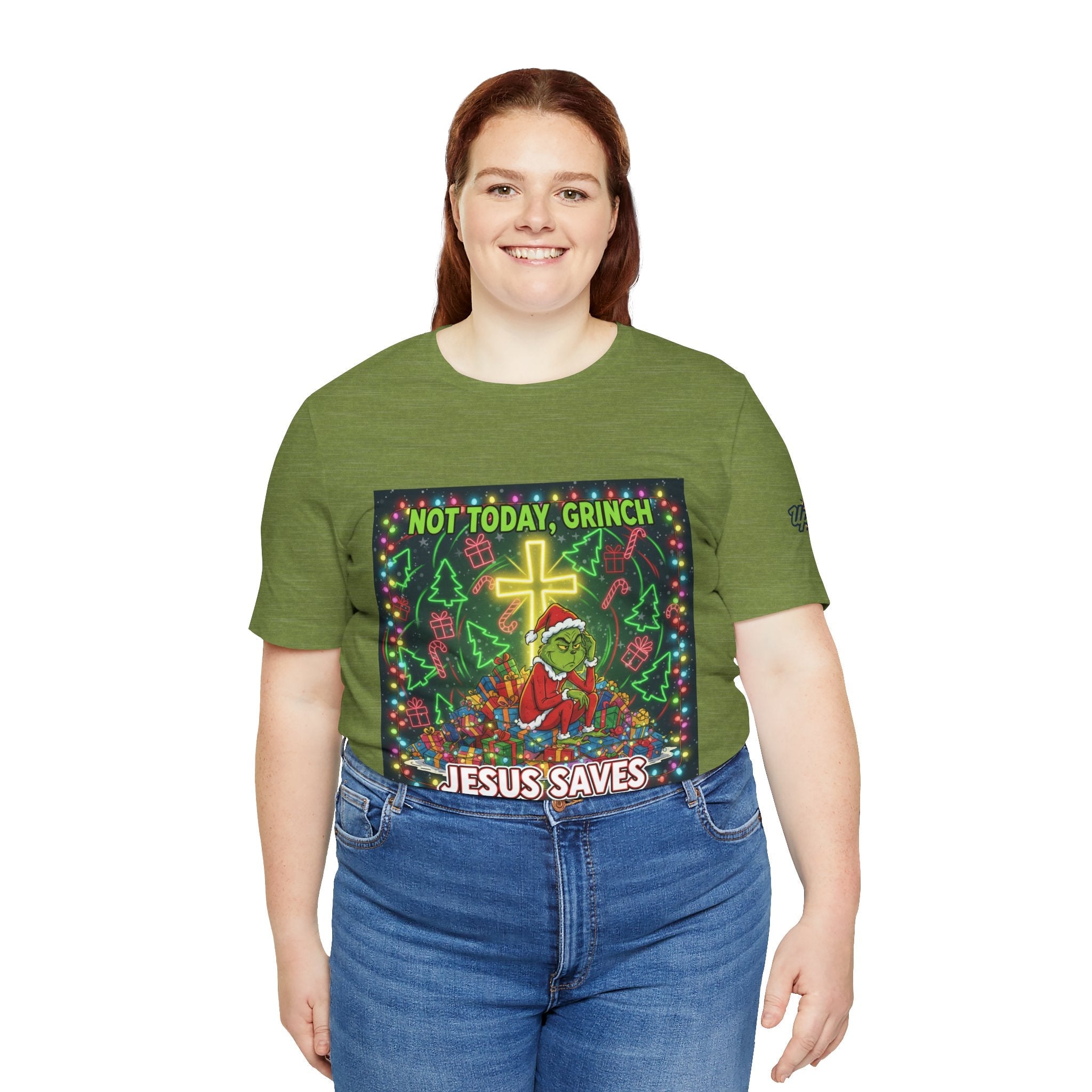 🎄 Not Today, Grinch – Jesus Saves | Funny Christian Christmas T-Shirt | Festive Green & Red Cartoon Style | Bold Faith Holiday Tee by Uplifted Gear Printify