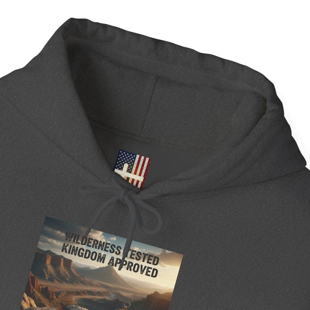 Wilderness Tested Kingdom Approved Hoodie – Mountain Desert Compass Crown Christian Sweatshirt for Biblical Adventure Faith Printify