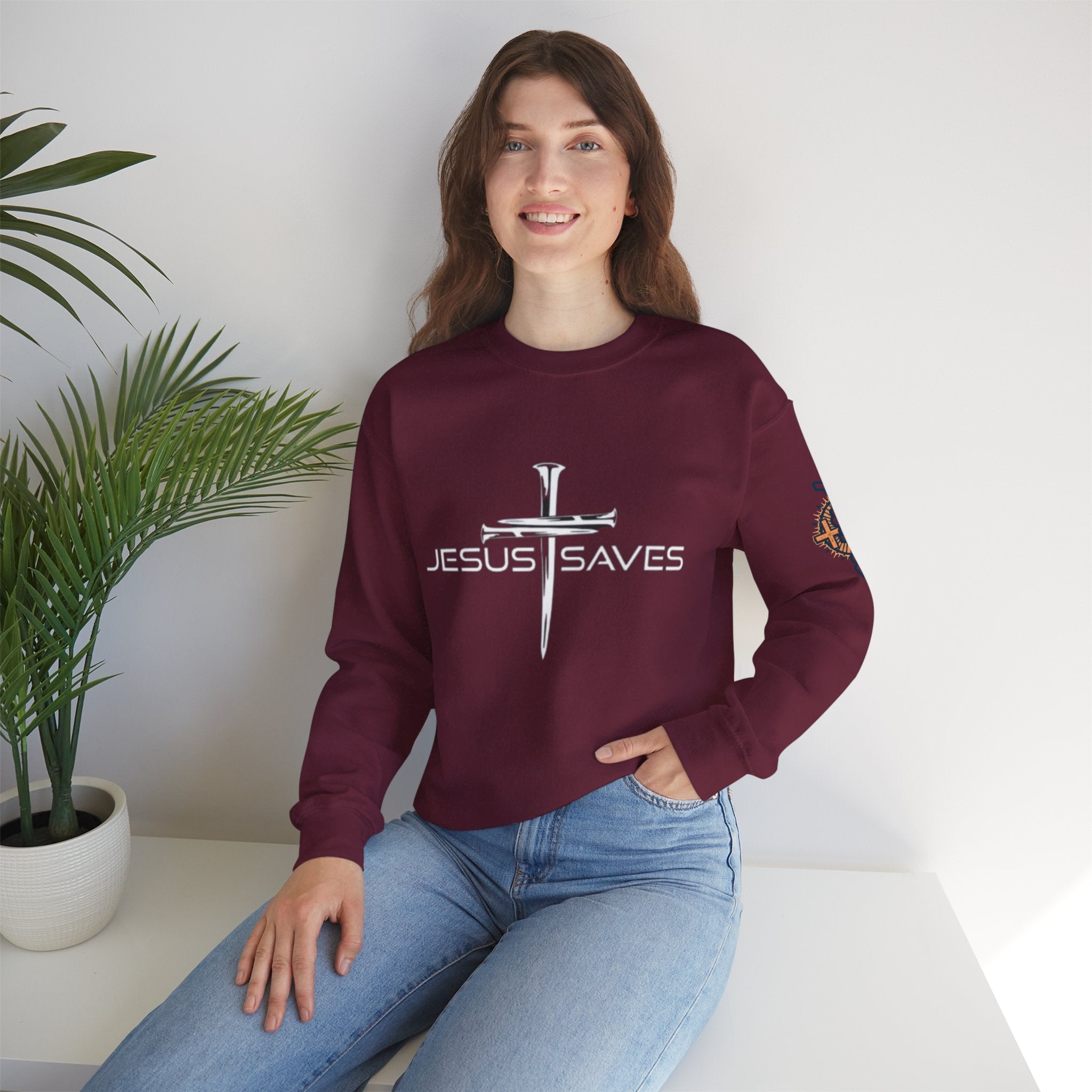 Jesus Saves Sweatshirt – 3 Nails Crucifix Cross Christian Sweatshirt for Redemption Faith & Bold Salvation Printify