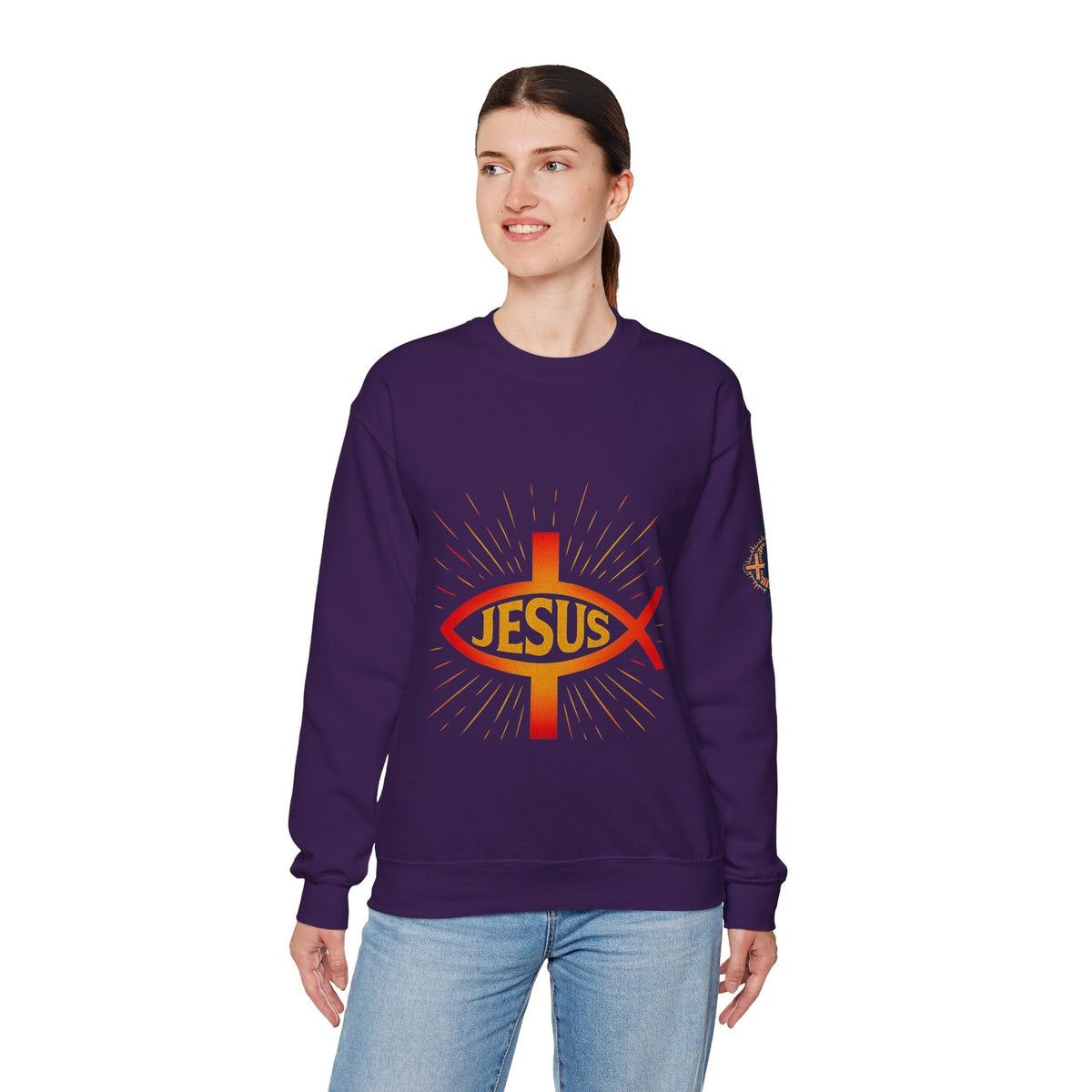 Jesus Ichthys Sweatshirt – Christian Fish Symbol with Cross & Jesus Inscription Sweatshirt for Eternal Faith & Streetwear Printify