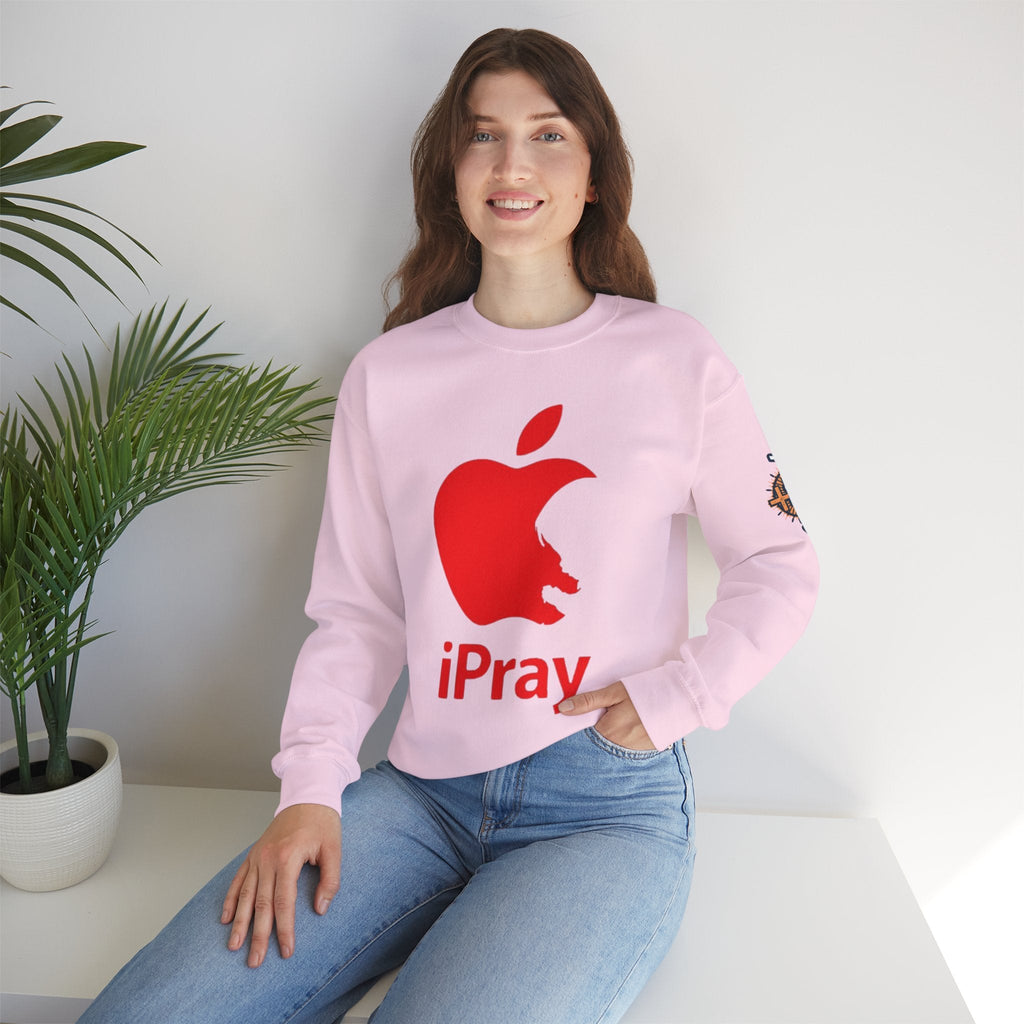 iPray Apple Logo Sweatshirt — Funny Christian Sweatshirt (Minimal Red Apple Graphic) Printify