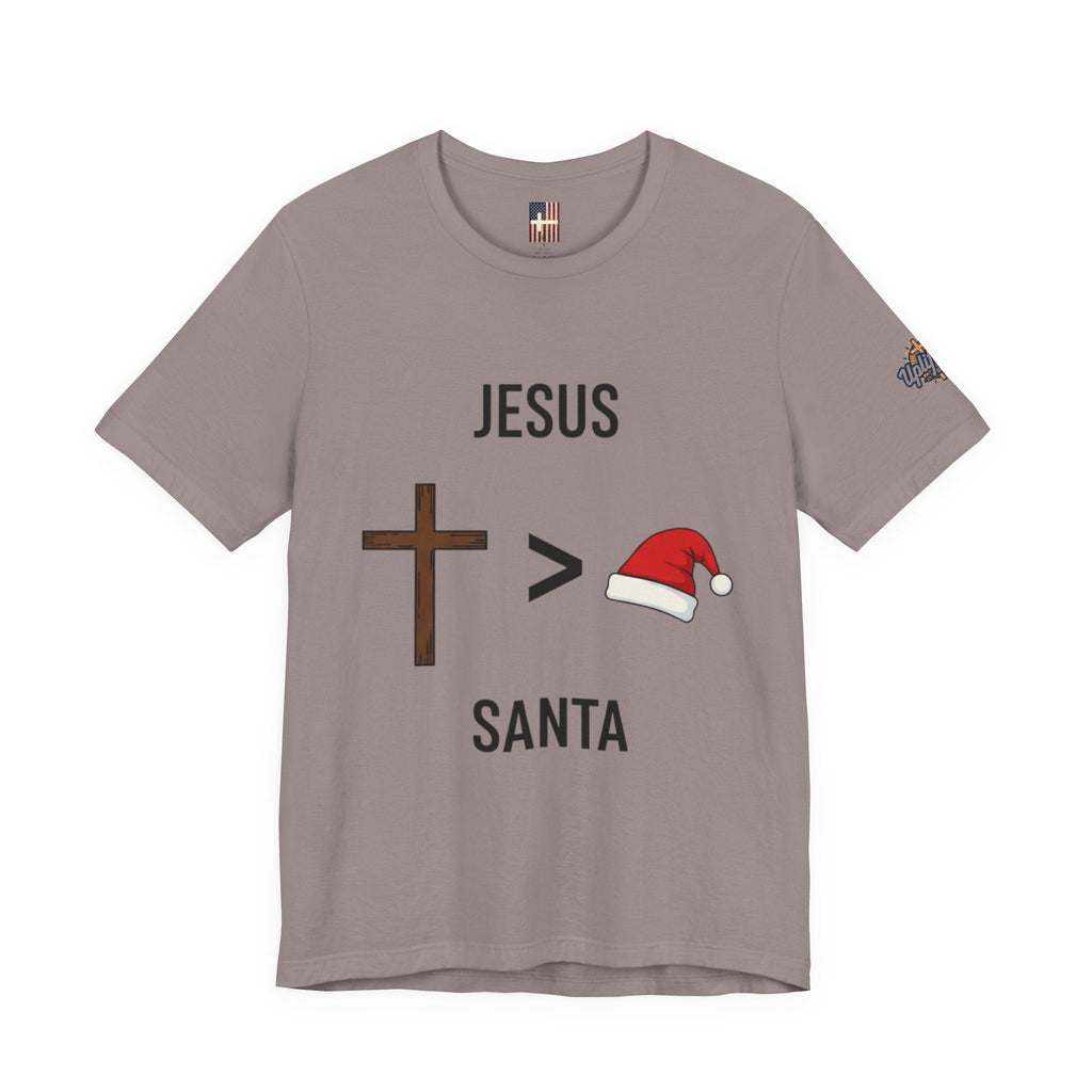🎄 Jesus > Santa – Minimalist Christian Christmas T-Shirt | Bold Faith Over Holiday Tee | Cross vs Santa Hat Design | Uplifted Gear Printify