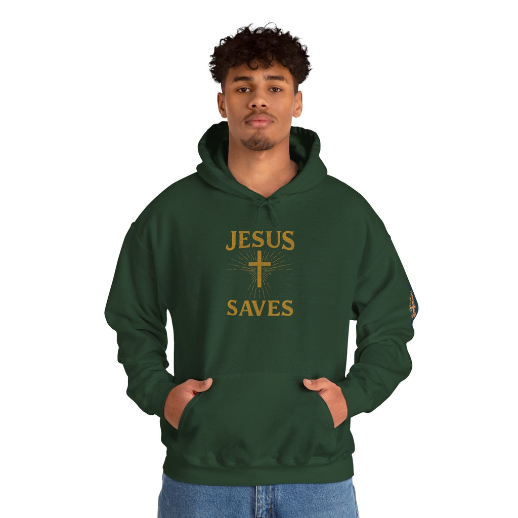Jesus Saves Hoodie – Radiant Cross & Rays of Light Christian Sweatshirt for Eternal Hope & Faith Printify