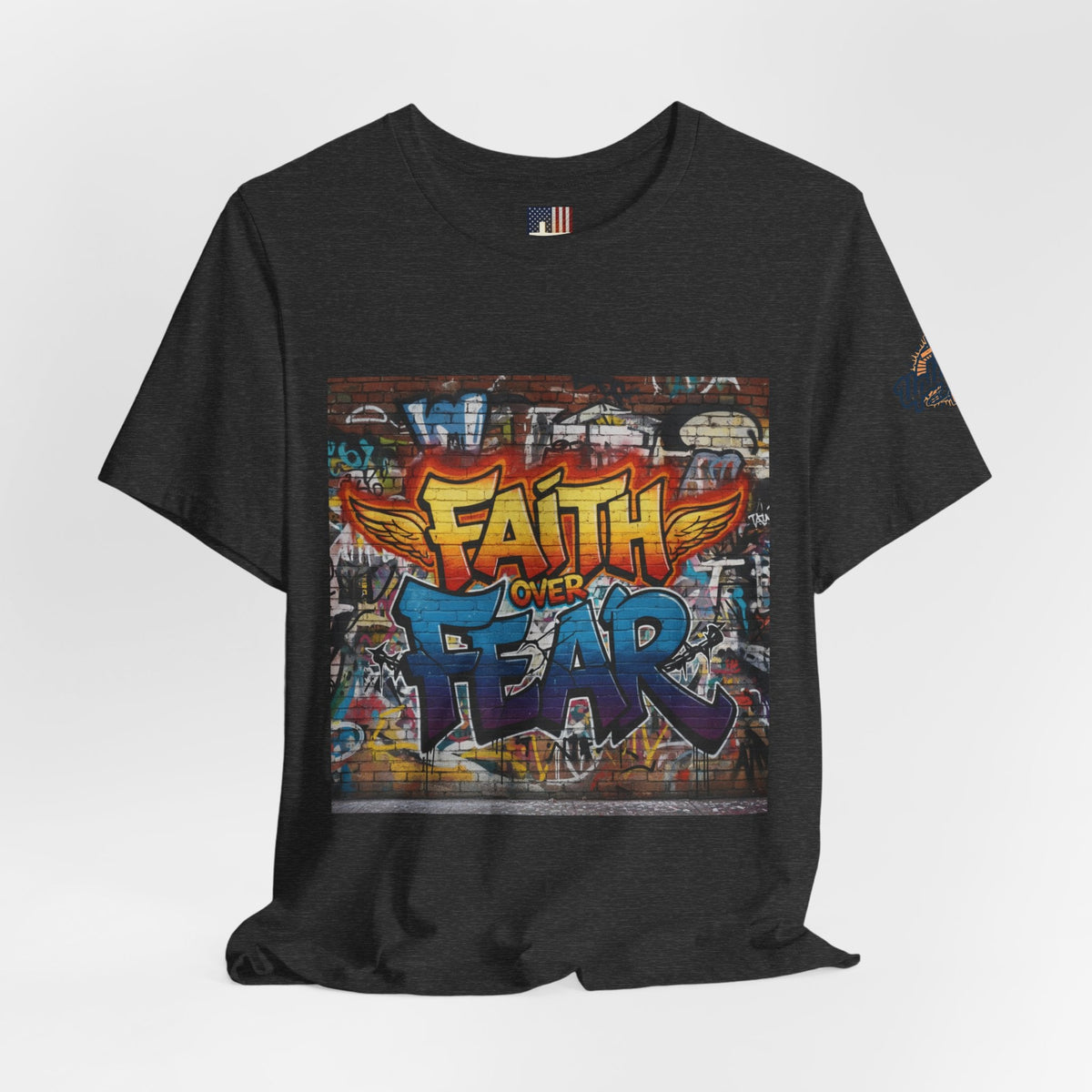 Faith Over Fear T-shirt – Graffiti Wall Christian T-shirt for Bold 2 Corinthians 5:7 Streetwear & Unshakable Faith Printify