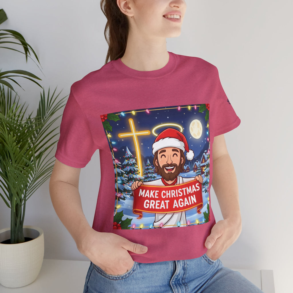 🎄 Make Christmas Great Again – Funny Christian T-Shirt | Jesus Holding Banner | Faith-Based Holiday Parody Tee | Uplifted Gear Printify