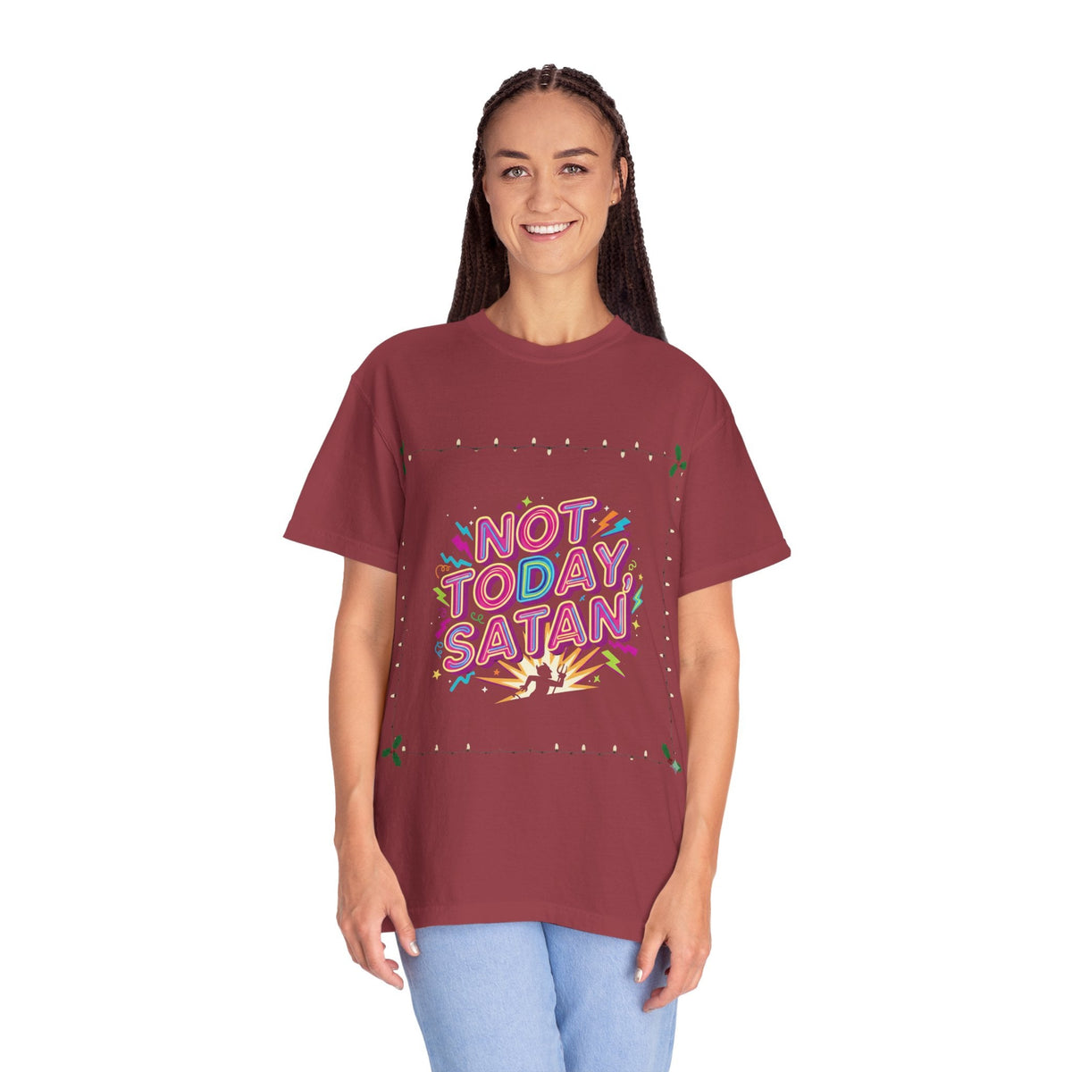 🔥 Not Today, Satan – Retro 90s Christian T-Shirt | Neon Faith Tee | Funky Cartoon Devil | Bold Bible Verse Shirt | Uplifted Gear Printify