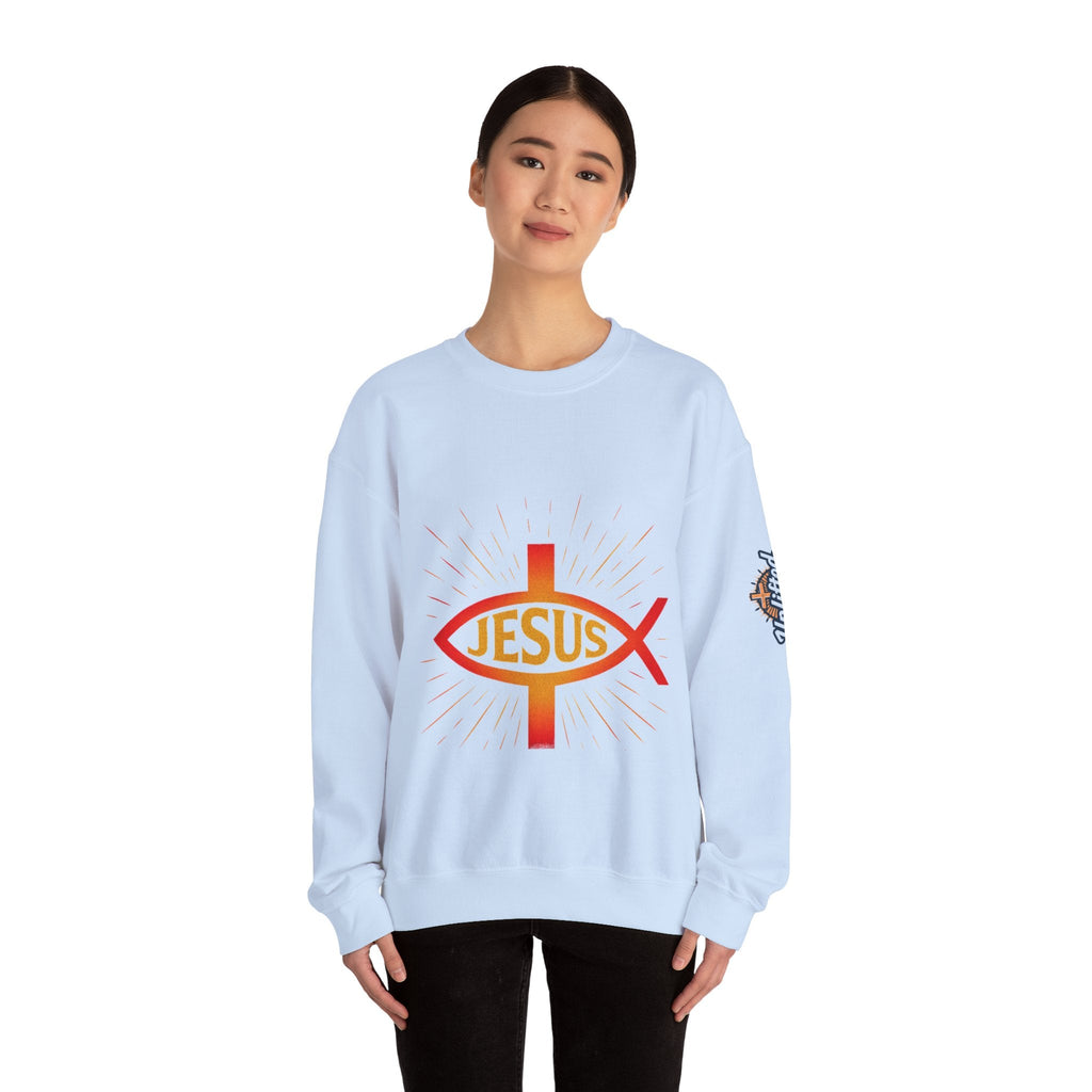 Jesus Ichthys Sweatshirt – Christian Fish Symbol with Cross & Jesus Inscription Sweatshirt for Eternal Faith & Streetwear Printify
