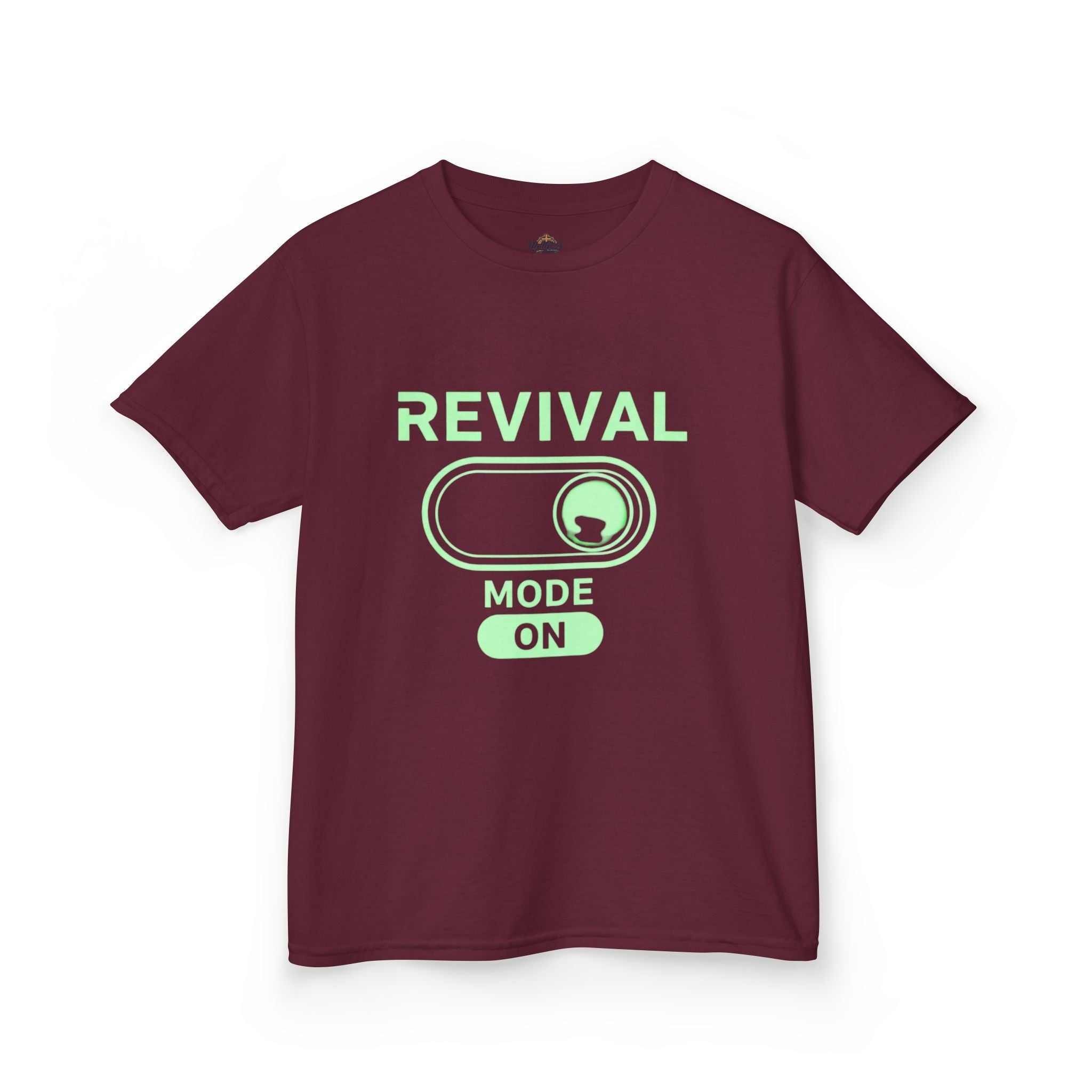 🔥 Revival Mode: ON – Christian Techwear Kids T-Shirt | Glowing Green Faith Switch | Futuristic Jesus Shirt | Activate Your Spiritual Awakening | Uplifted Gear Printify