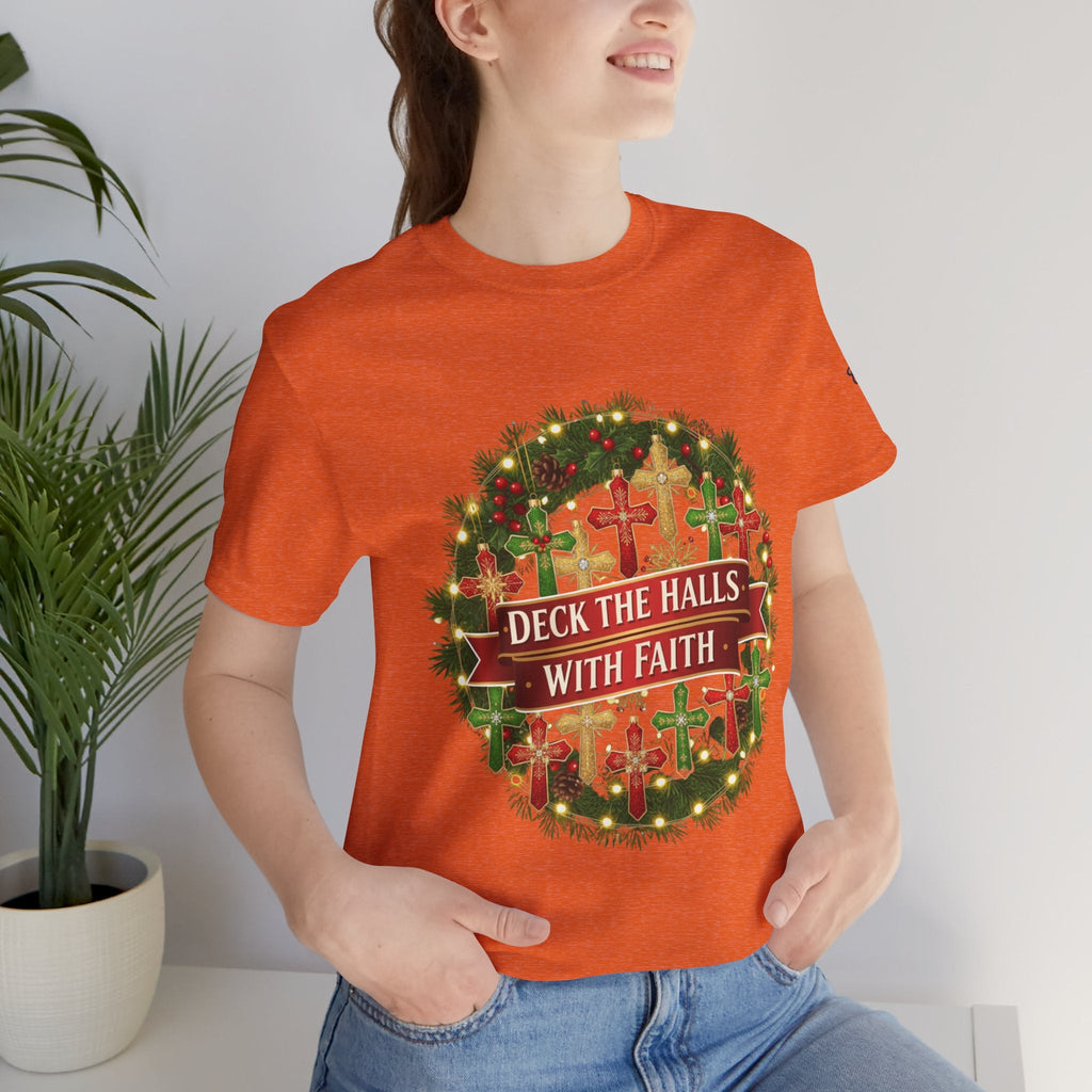 🎄 Deck the Halls with Faith – Christian Christmas T-Shirt | Cross Ornament Design & Festive Garland | Bold Holiday Faith Tee by Uplifted Gear Printify