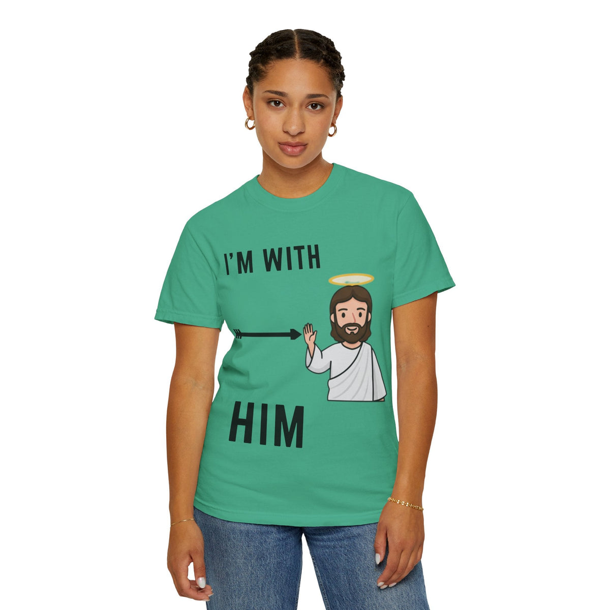 🔥 I’m With Him → Christian T-Shirt | Arrow Pointing to Jesus | Minimalist Faith Tee | Subtle Cross Design | Bible-Inspired Apparel by Uplifted Gear Printify