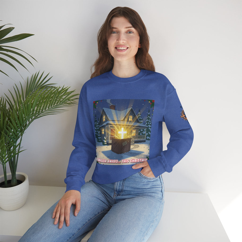 A Major Award This Christmas Sweatshirt – Fragile Leg Lamp Parody Cross Unboxing Christian Sweatshirt for Hilarious Faith & Holiday Glow Printify