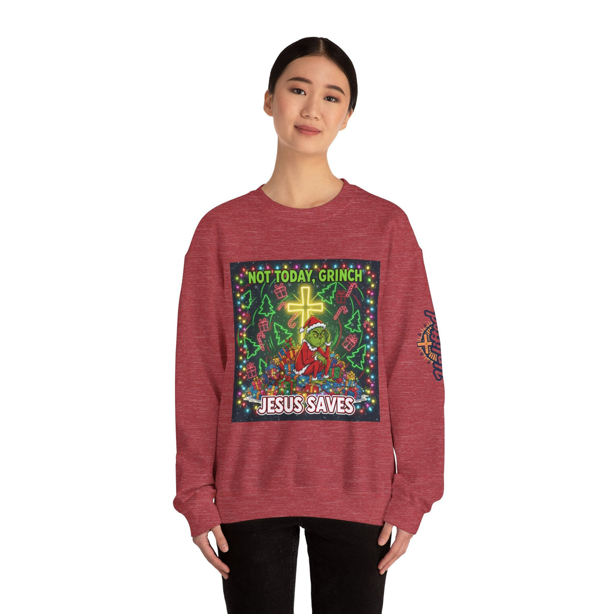 🎄 Not Today, Grinch – Jesus Saves | Funny Christian Christmas Sweatshirt | Festive Green & Red Cartoon Style | Bold Faith Holiday Tee by Uplifted Gear Printify