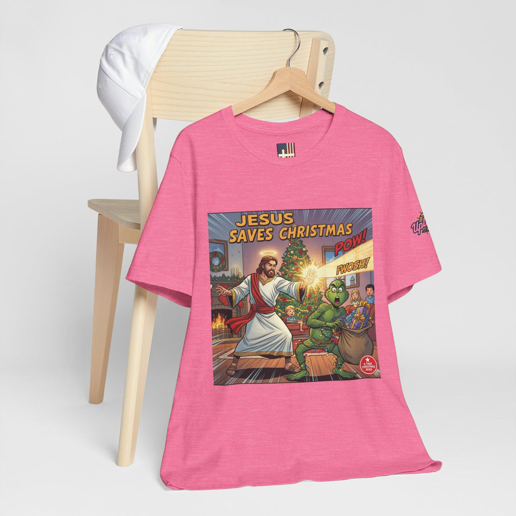 Jesus Saves Christmas T-shirt – Grinch vs Savior Light Battle Christian T-shirt for Hilarious Holiday Faith & True Joy Printify