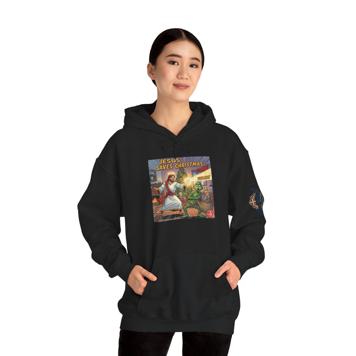 Jesus Saves Christmas Hoodie – Grinch vs Savior Light Battle Christian Sweatshirt for Hilarious Holiday Faith & True Joy Printify