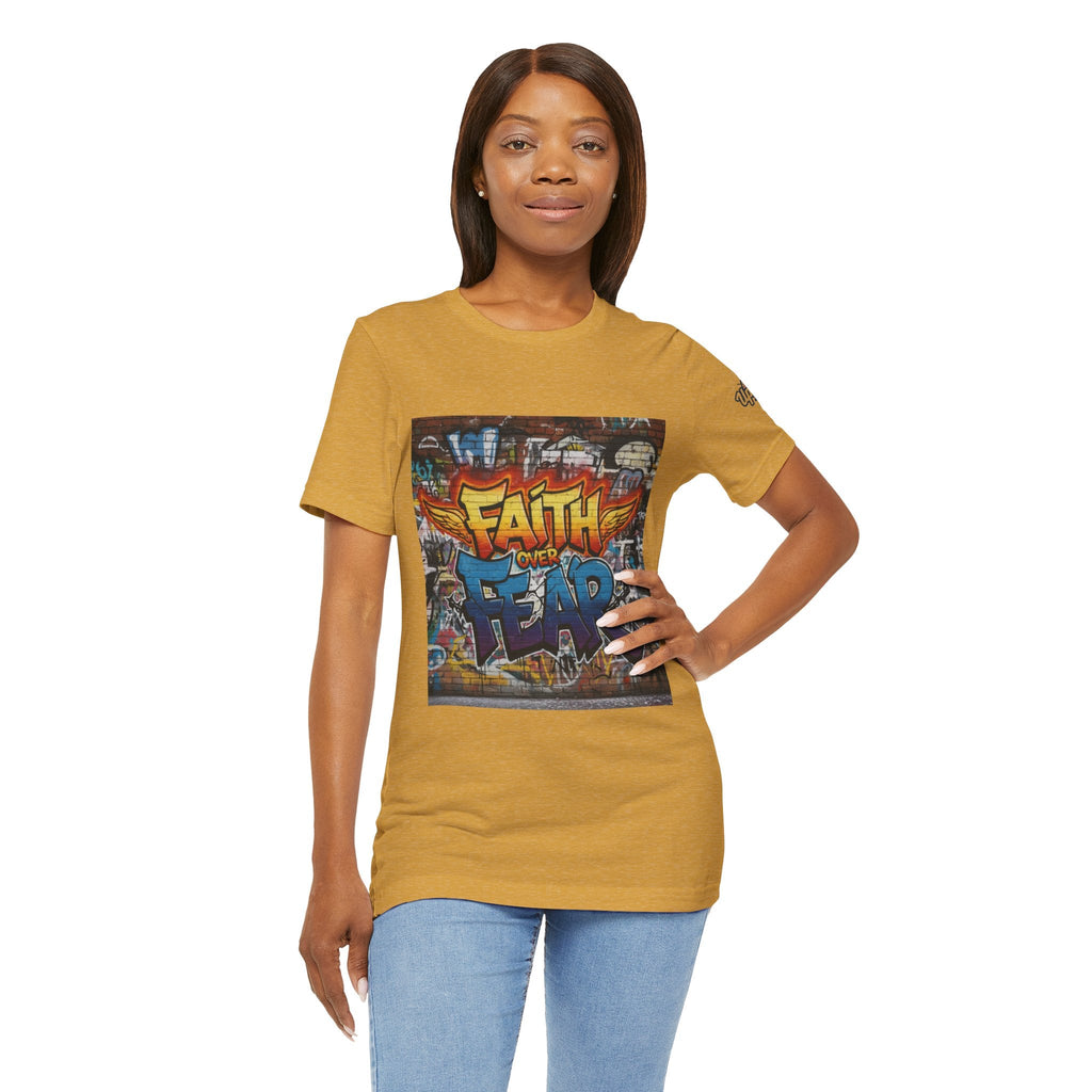 Faith Over Fear T-shirt – Graffiti Wall Christian T-shirt for Bold 2 Corinthians 5:7 Streetwear & Unshakable Faith Printify