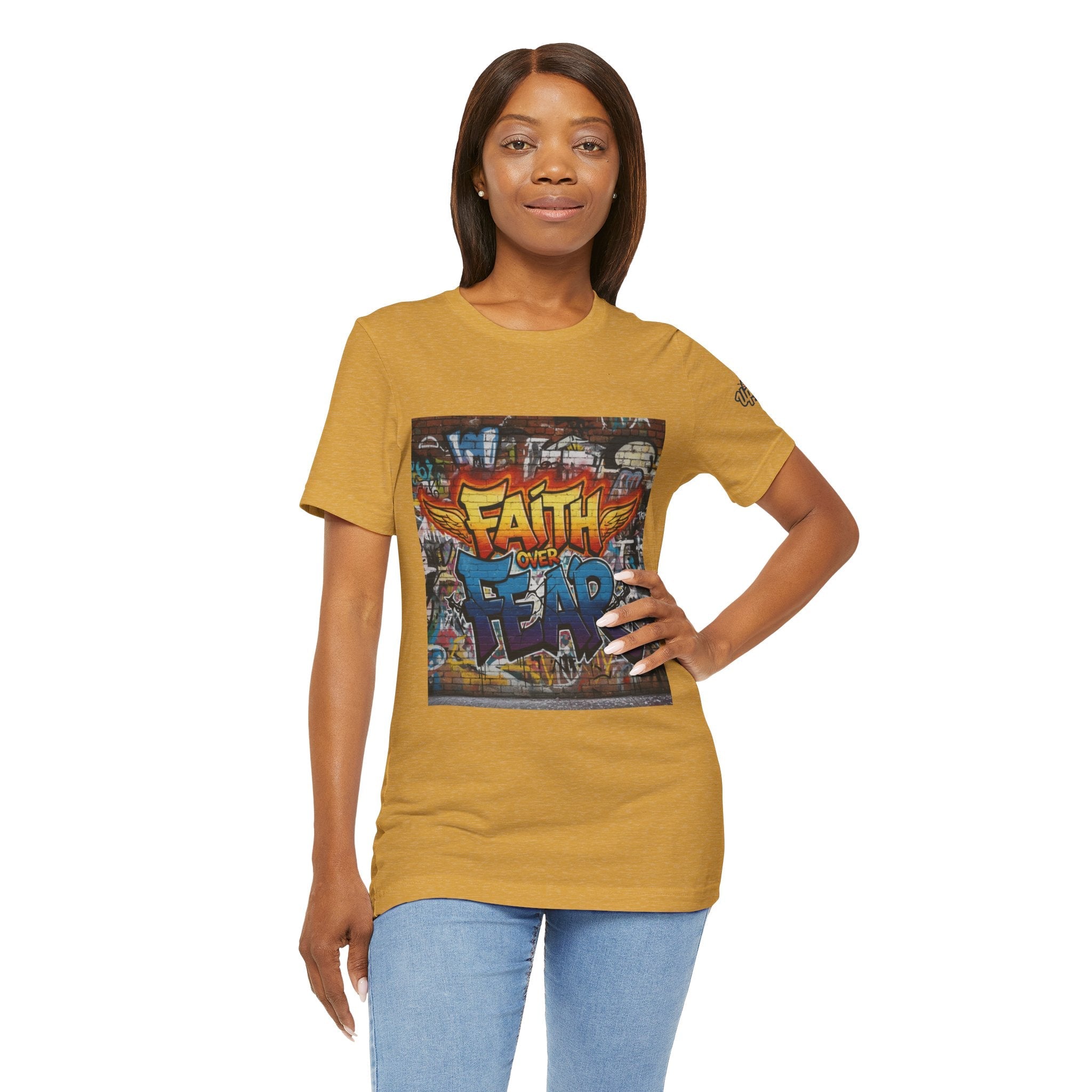 Faith Over Fear T-shirt – Graffiti Wall Christian T-shirt for Bold 2 Corinthians 5:7 Streetwear & Unshakable Faith Printify
